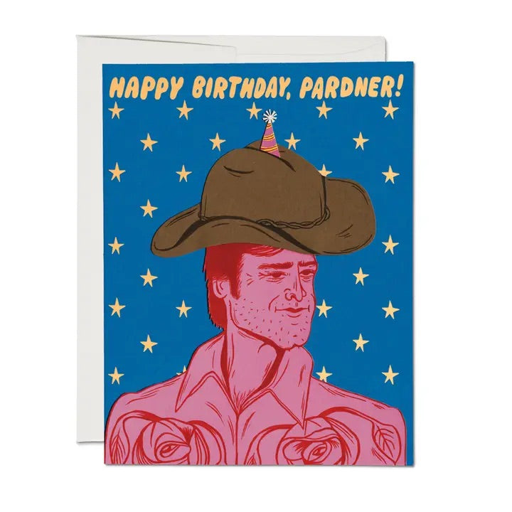 Birthday card with a funny cowboy wearing a cowboy hat with the phrase "Happy birthday pardner!" blank inside