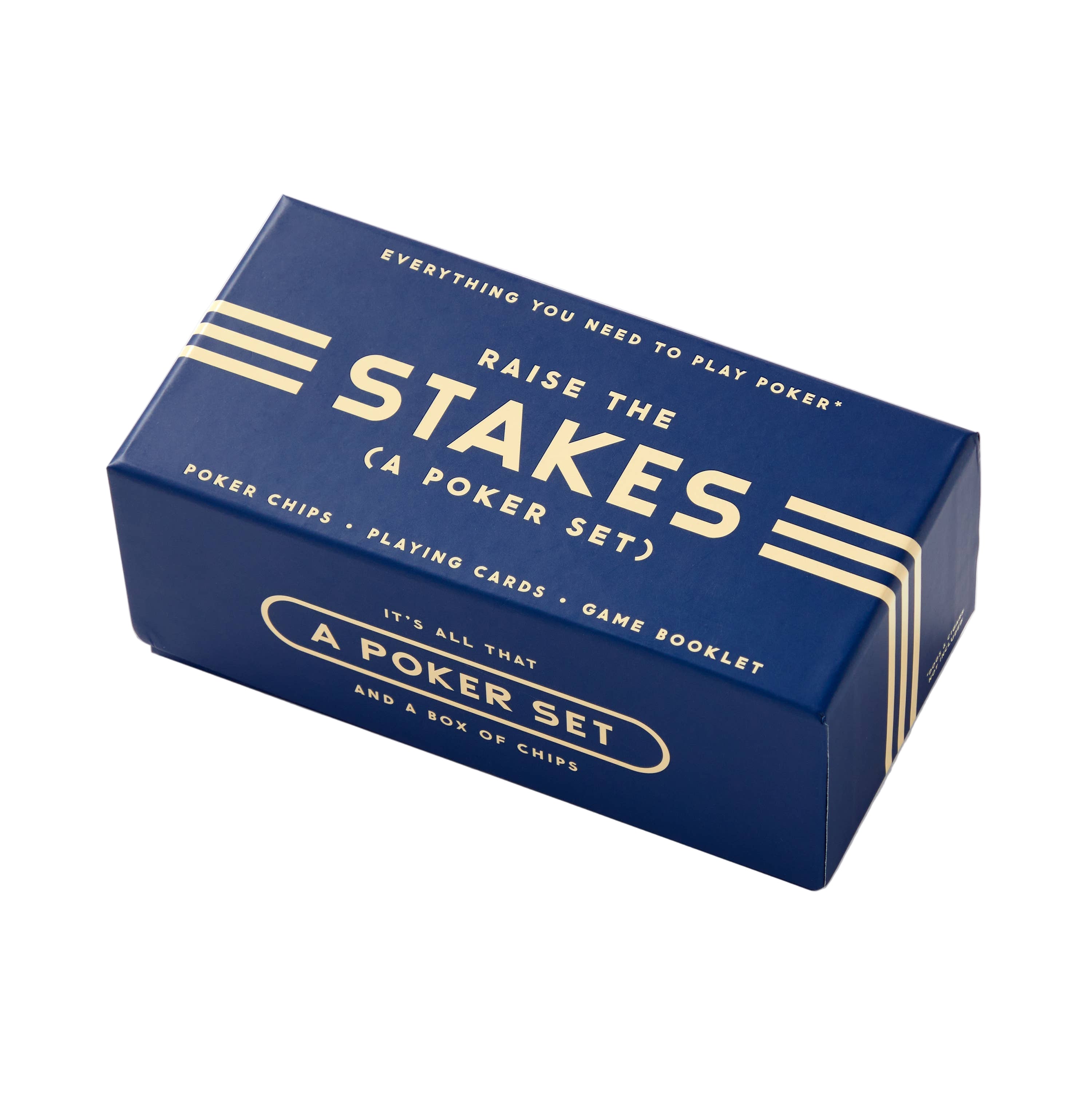 Raise the Stakes poker set comes with 100 chips, a dealer marker, and custom playing cards for game night.