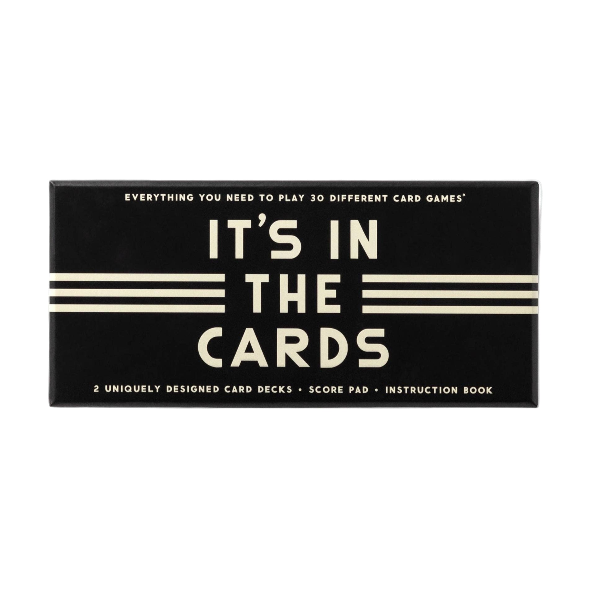 It’s in the Cards game set with 2 unique playing card decks, instruction book, scorepad, and a pencil for 30+ games.