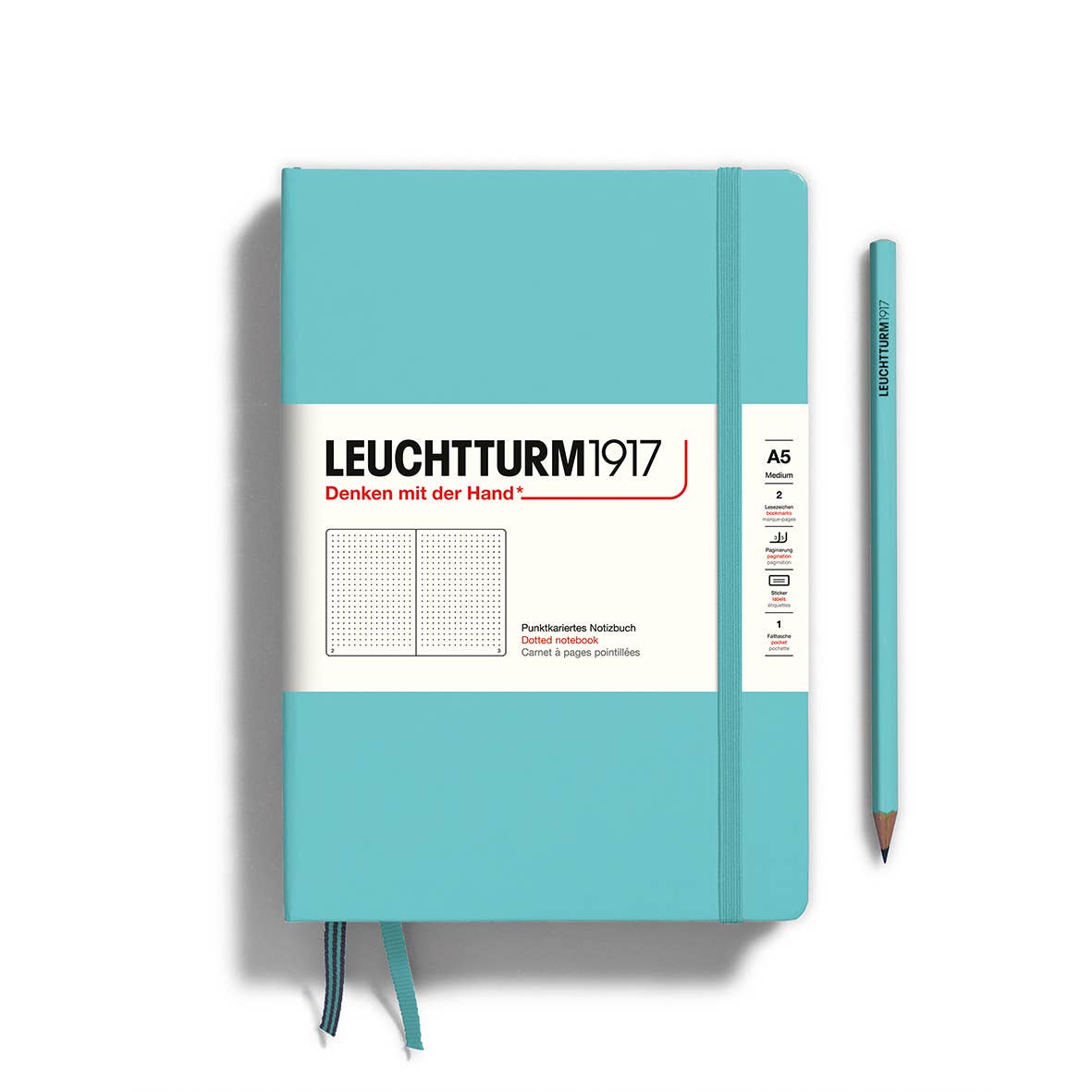 Hardcover 251 page notebook in a soft aquamarine color. Very functional design inside and out.