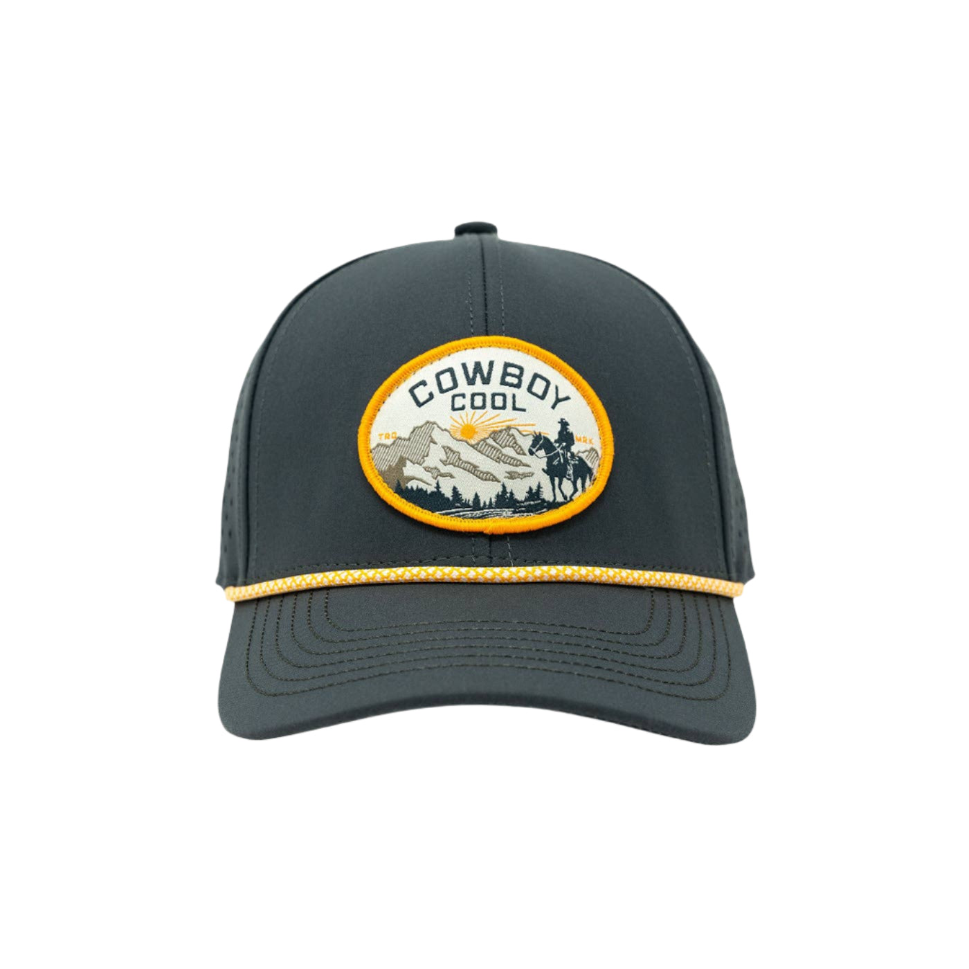 Charcoal gray snapback hat with yellow rope detail and front patch reading 'Cowboy Cool,' featuring a cowboy on horseback in a mountain scene.