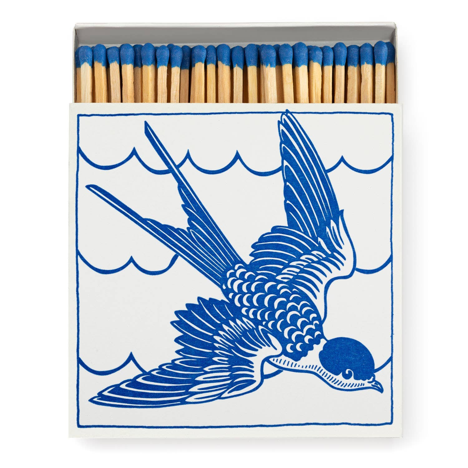 Vintage nautical matchbox with blue swallow design, filled with long safety matches for candles or fireplaces
