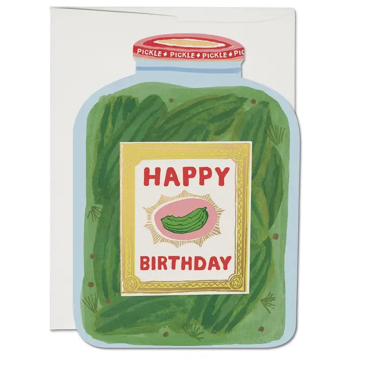 Pickle jar with the label reading Happy Birthday, blank inside