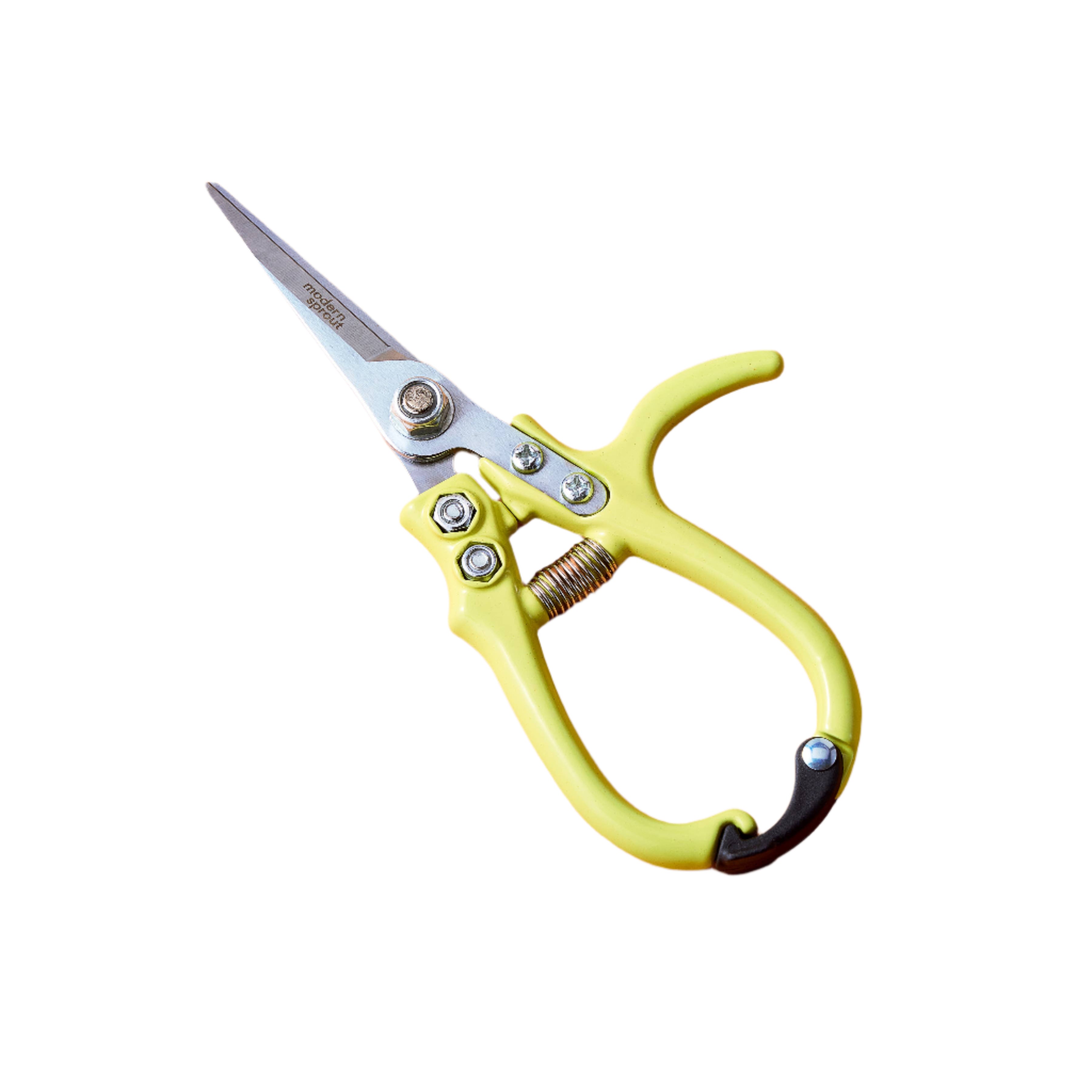 Chartreuse garden pruning shears with easy hold handle, high-carbon steel blades, needle-nose tip, with a holster included.