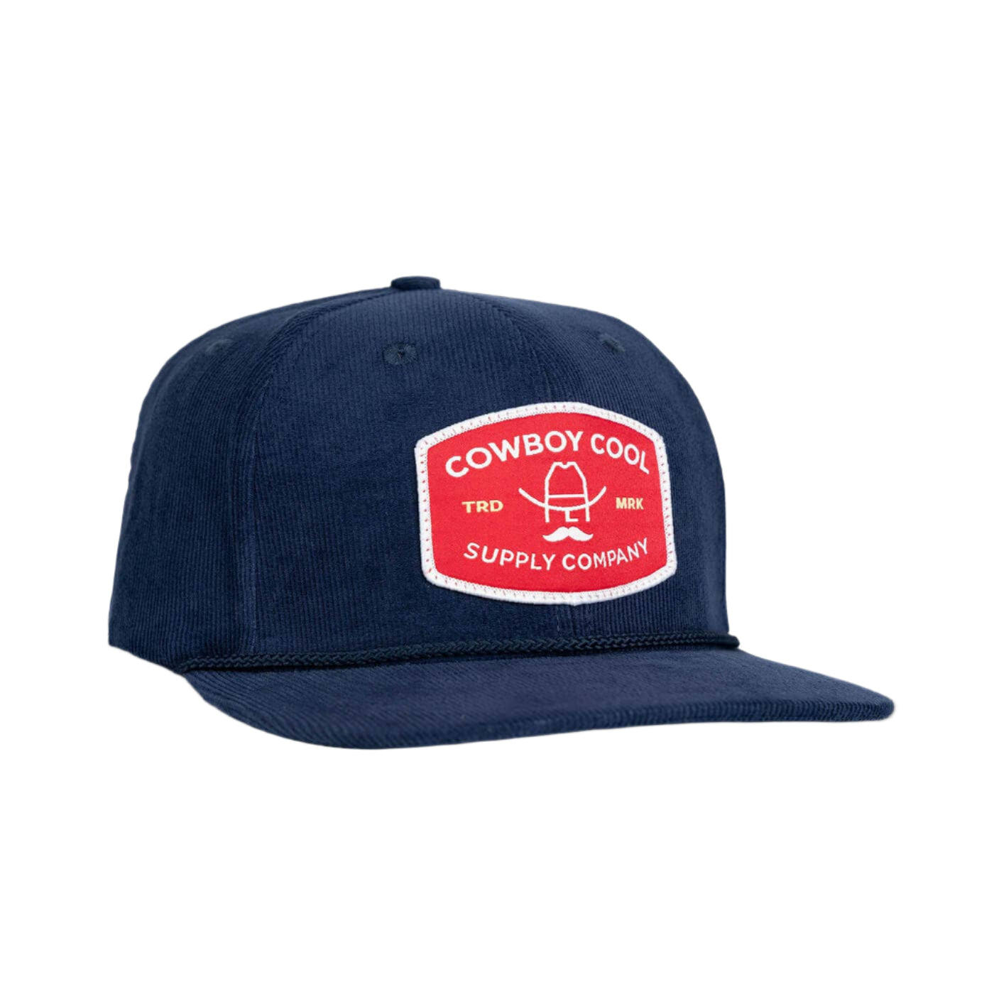 Vintage corduroy navy hat with red rodeo belt buckle patch reading 'Cowboy Cool' and cowboy face outline.