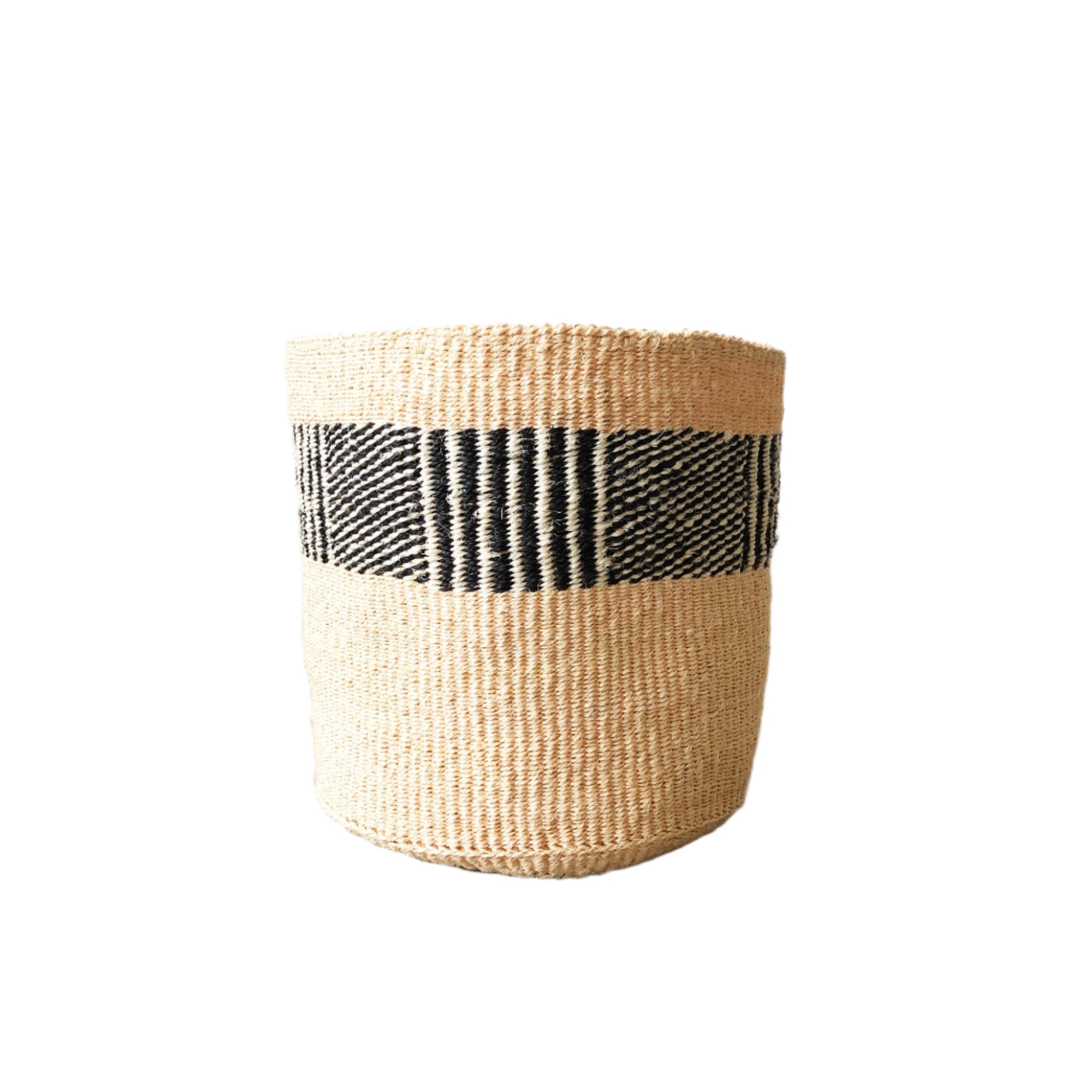 Handwoven and hand dyed basket in black, white & tan, medium size, perfect for planter cover, storage, or home decor accent.