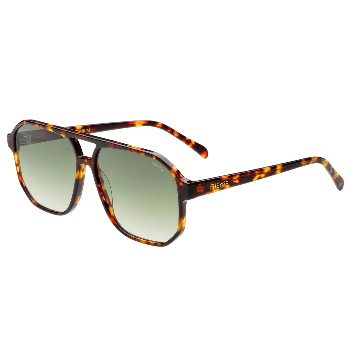 Sunglasses with tortoiseshell frame and green gradient lenses on a white background