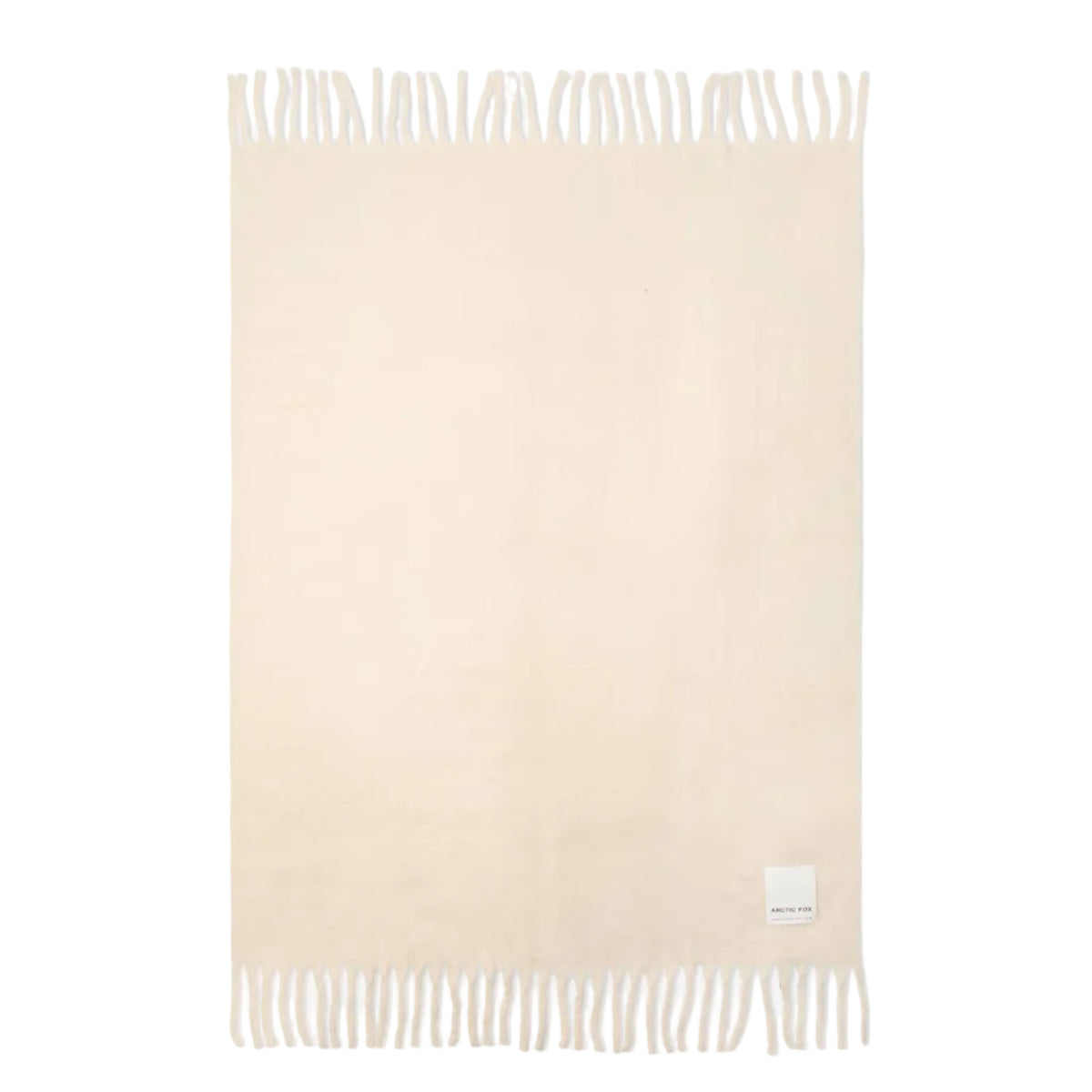 Beige throw with white fringe on a white background