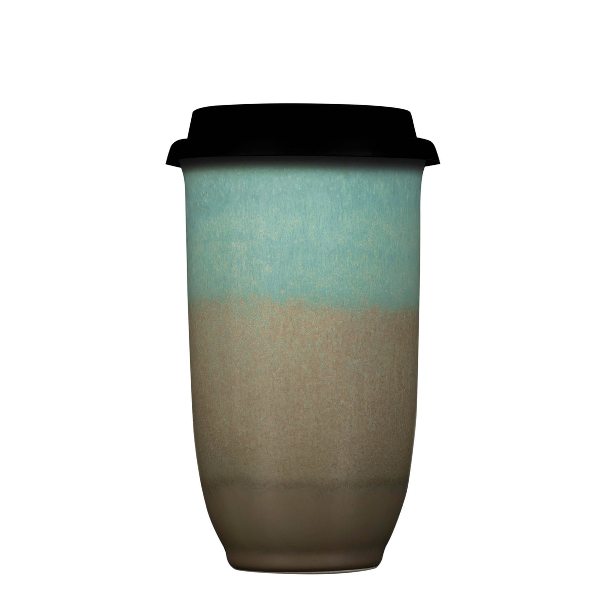 A ceramic travel tumbler with a black lid, featuring a two-tone glazed finish with a light blue top half and a warm brown bottom half, shown on a plain white background.