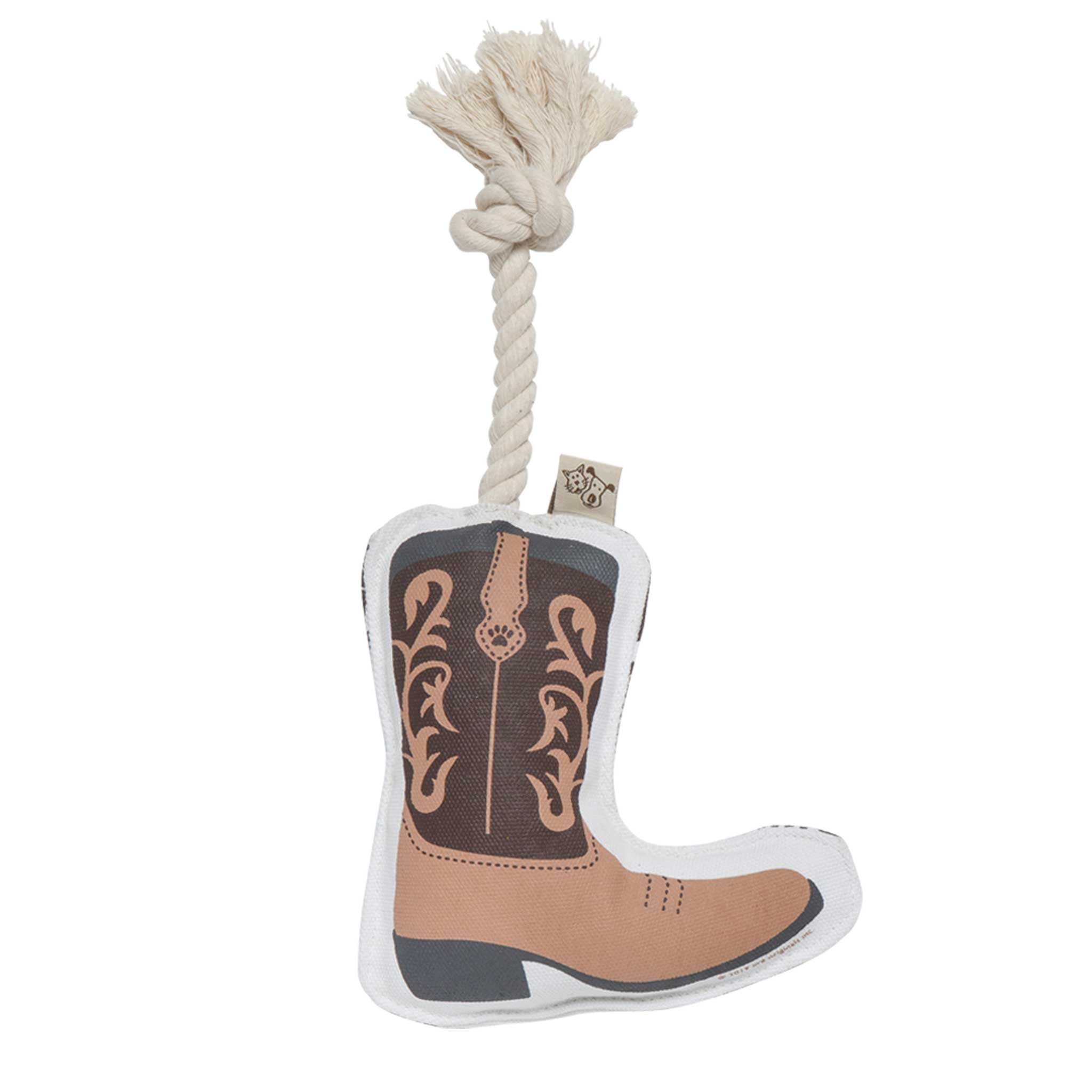 Sturdy rope dog toy with an illustrated cowboy boot on canvas
