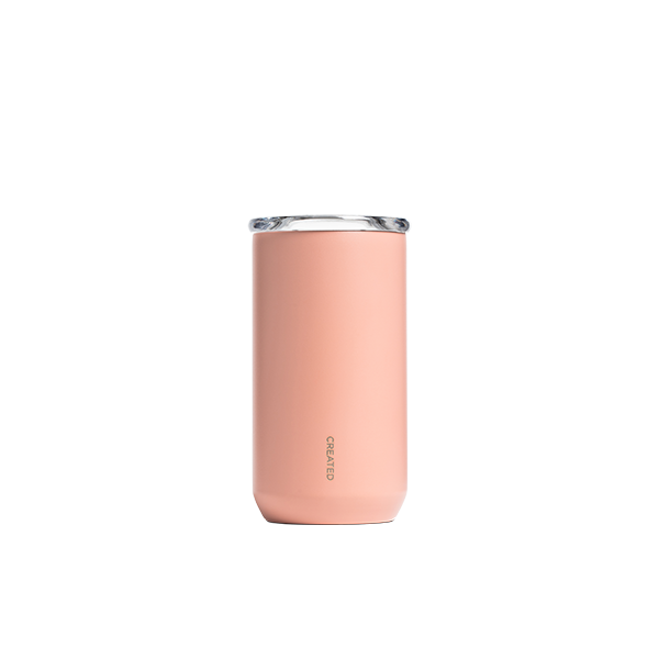 Reusable tumbler in eraser pink, 12oz insulated design for daily use, perfect for coffee, tea, or on-the-go drinks.