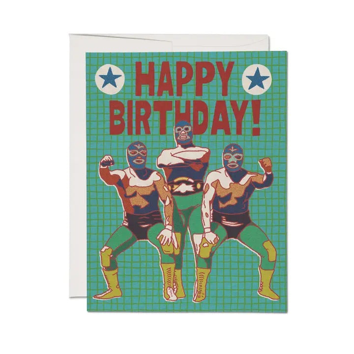 Birthday card with colorful luchador masked wrestlers. Blank on the inside.