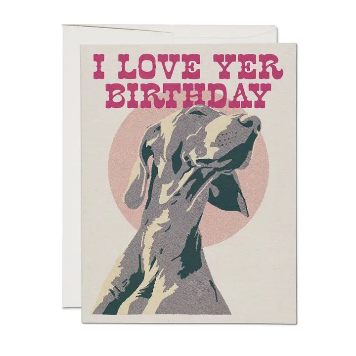 Birthday card for the dog lovers, dog sits front and center under the phrase " I love yer birthday", blank inside