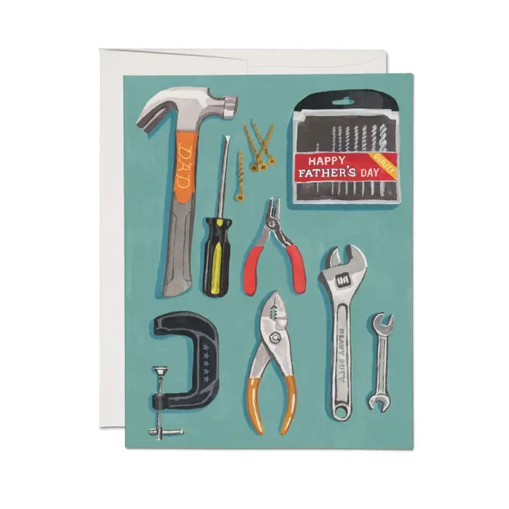 Father's day or dad's birthday card with a tool box and a bunch of tools. Blank inside