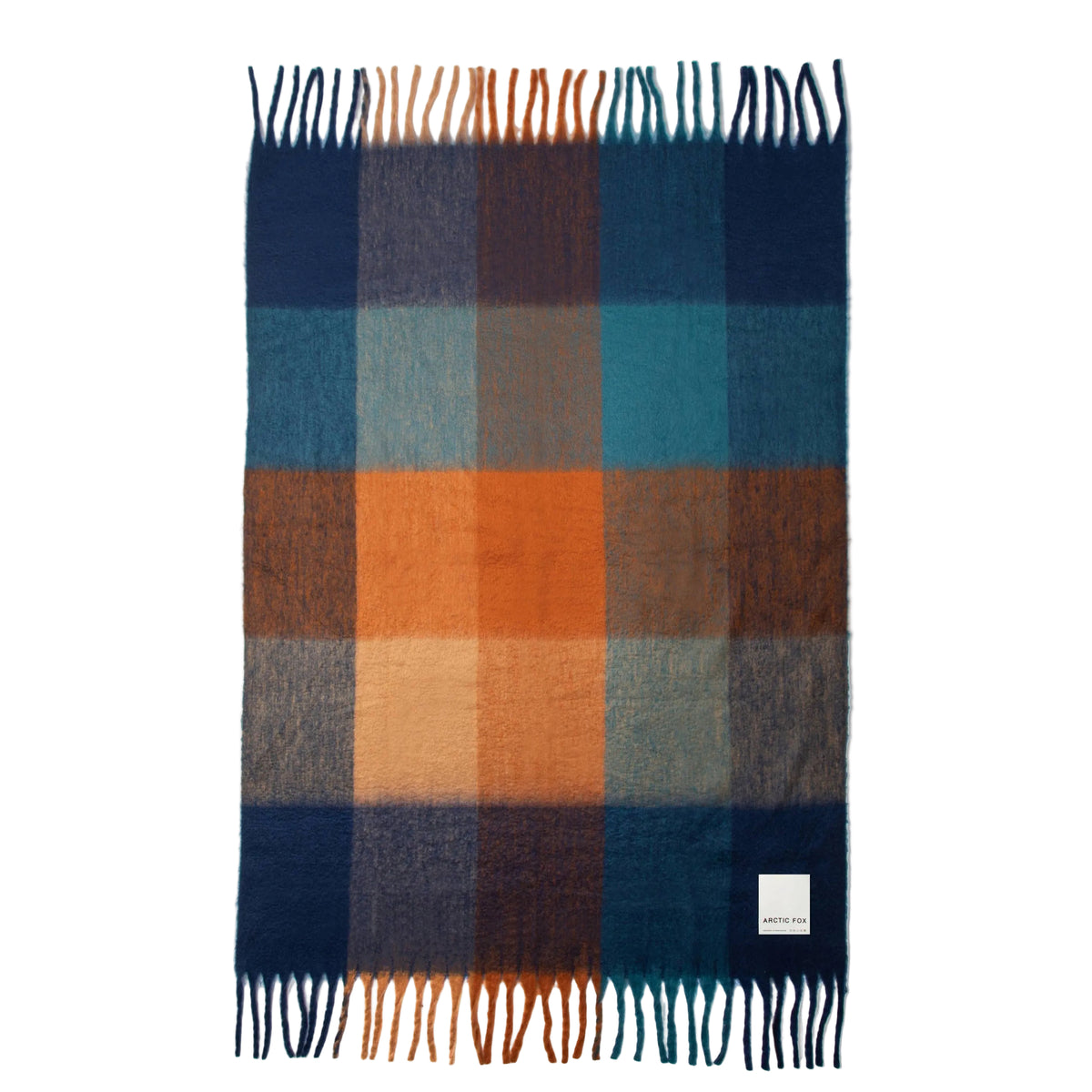 Plaid throw with blue, orange, and brown colors on a white background