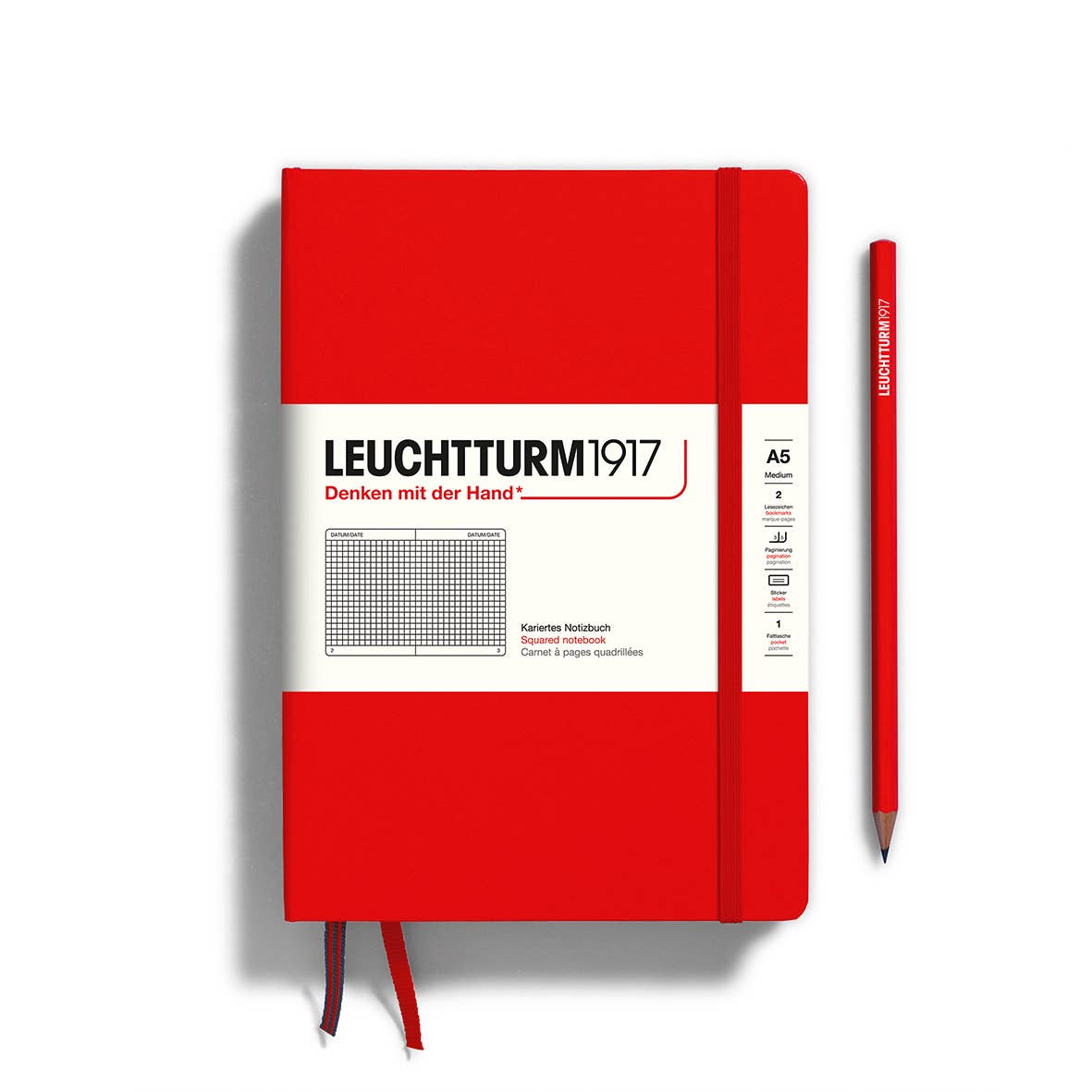 Hardcover 251 page notebook in a bold red color. Very functional design inside and out.