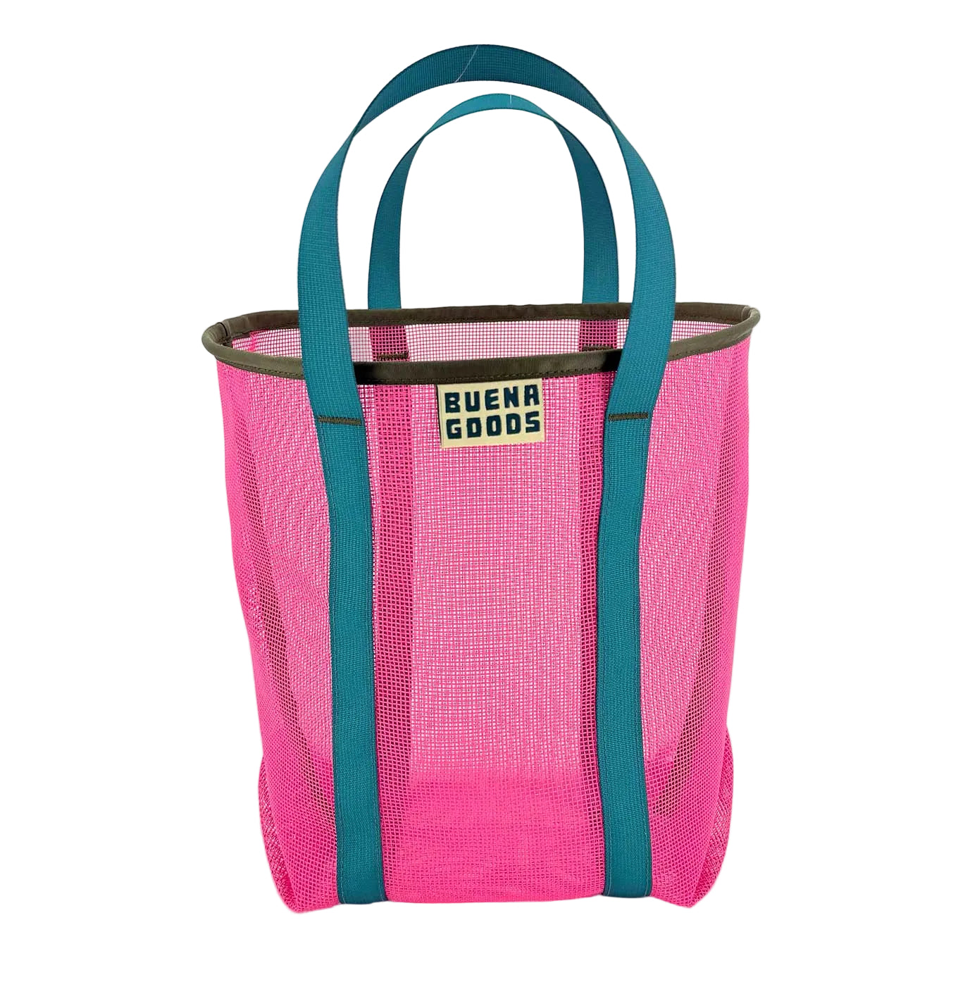 Pink mesh tote bag with teal handles on a white background