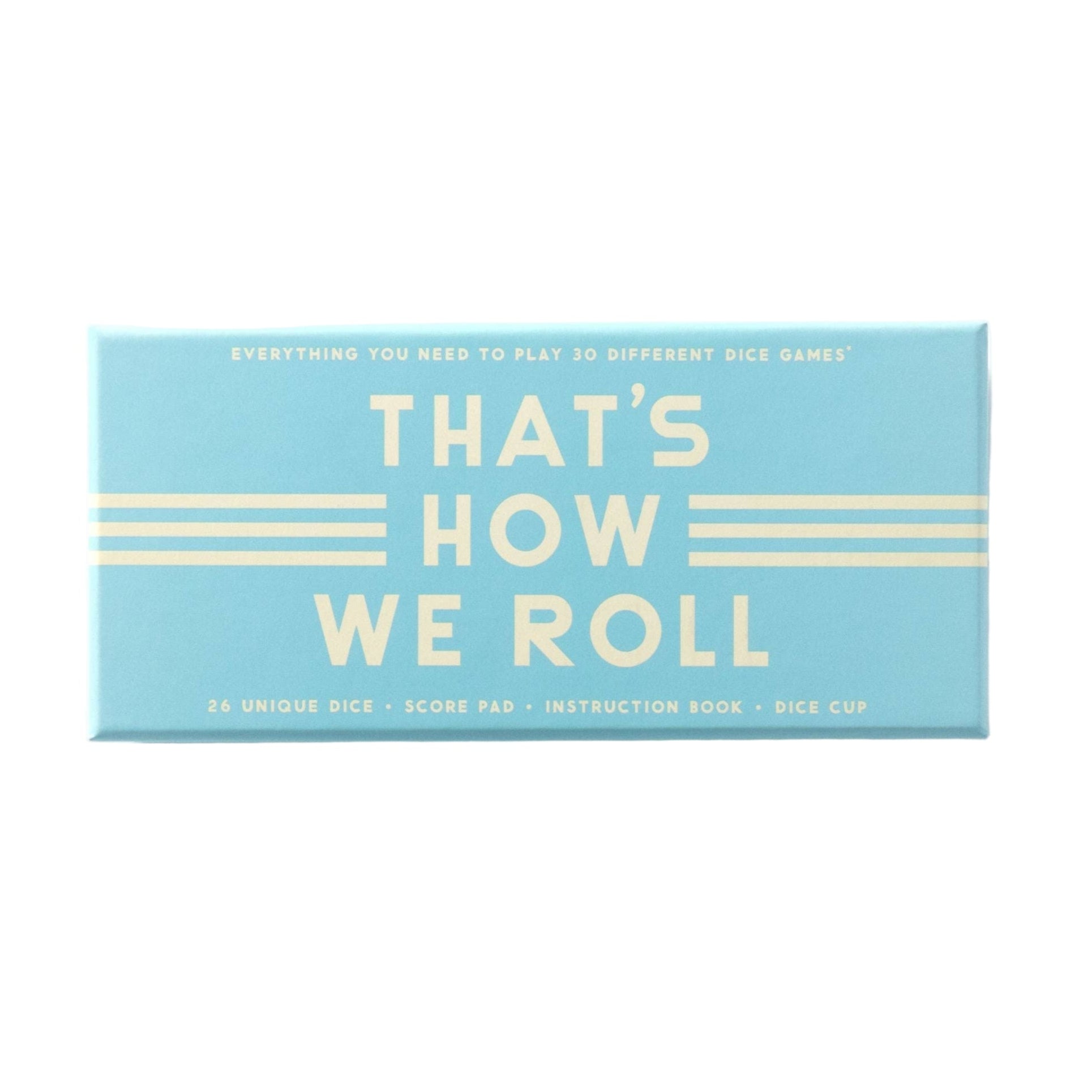 That’s How We Roll dice game set with 26 unique dice, cup, scorepad, and rulebook—perfect for family game night