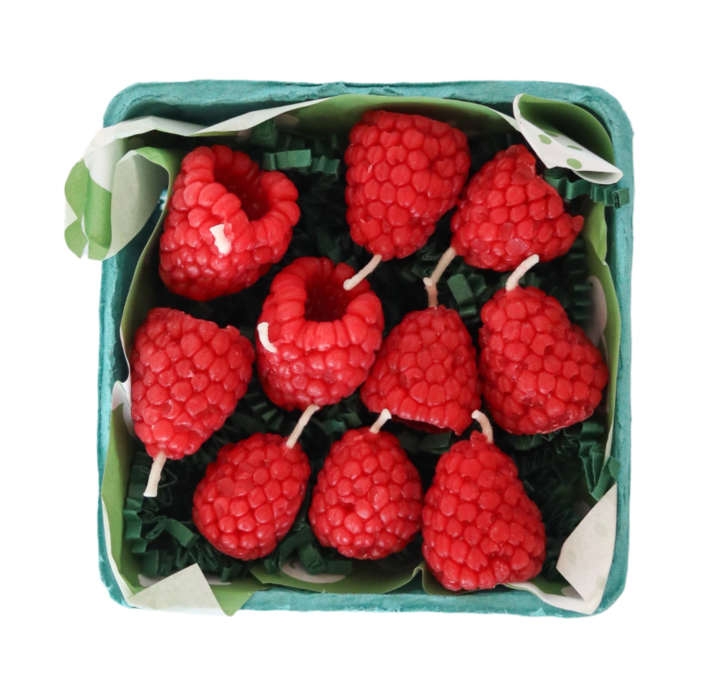 Handmade raspberry-shaped beeswax candles sit in a paper berry basket with leafy filler. Perfect for birthdays or table decor.