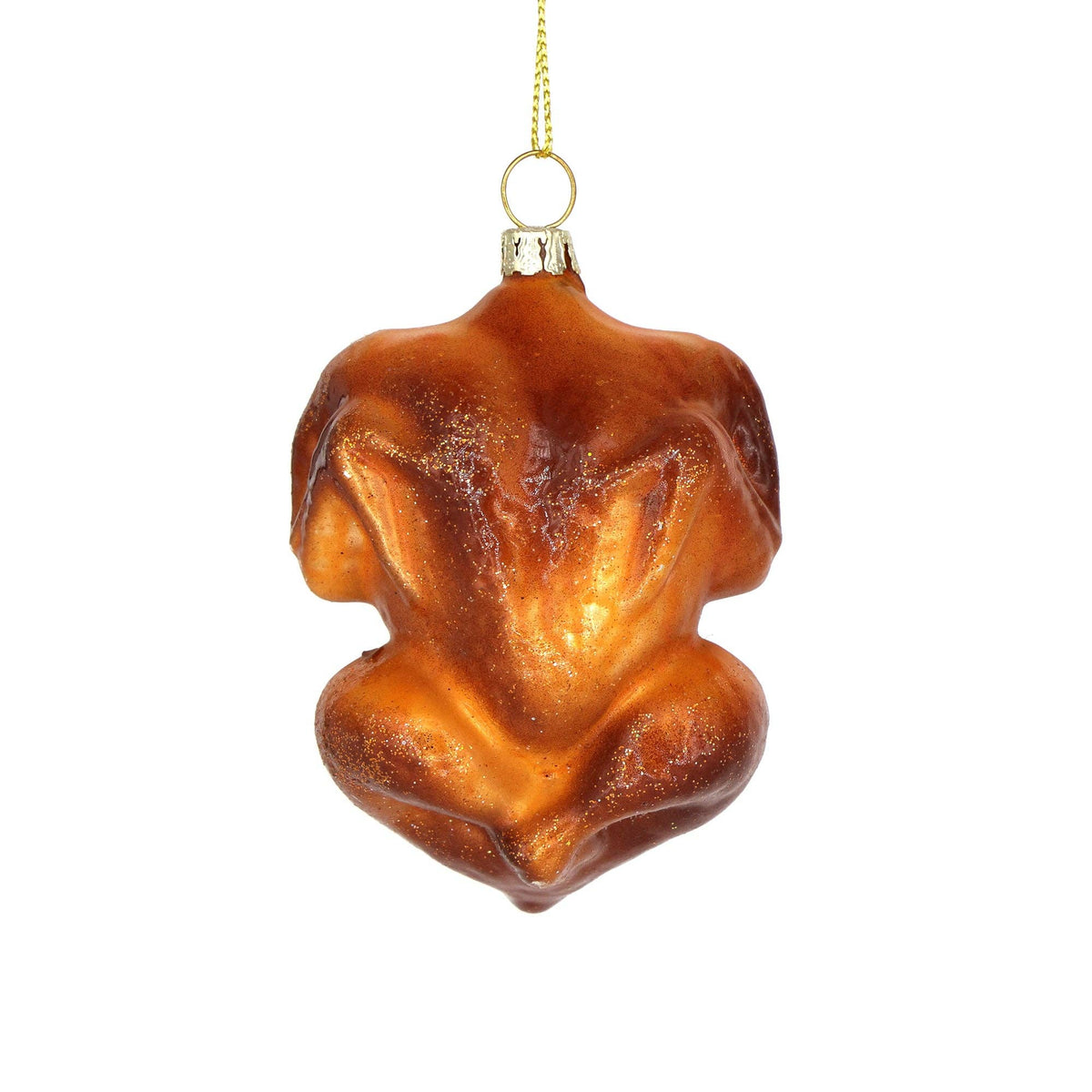 A novelty Christmas ornament shaped like a roasted chicken, made of textured amber-brown glass with a gold hanging loop at the top, shown against a plain white background.