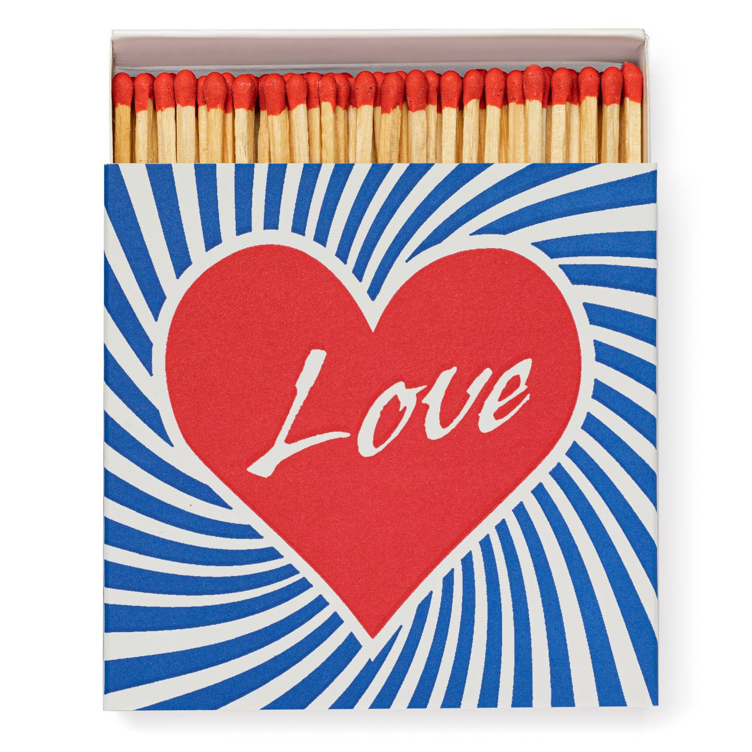 White and royal blue swirl design matchbox with a red heart and "Love"