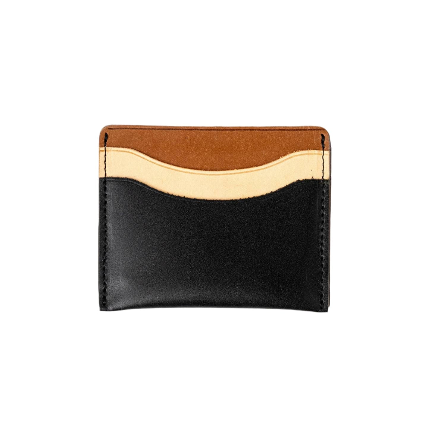 Black leather card holder with tan and natural accents, 2 credit card slots and a cash compartment for slim everyday carry.