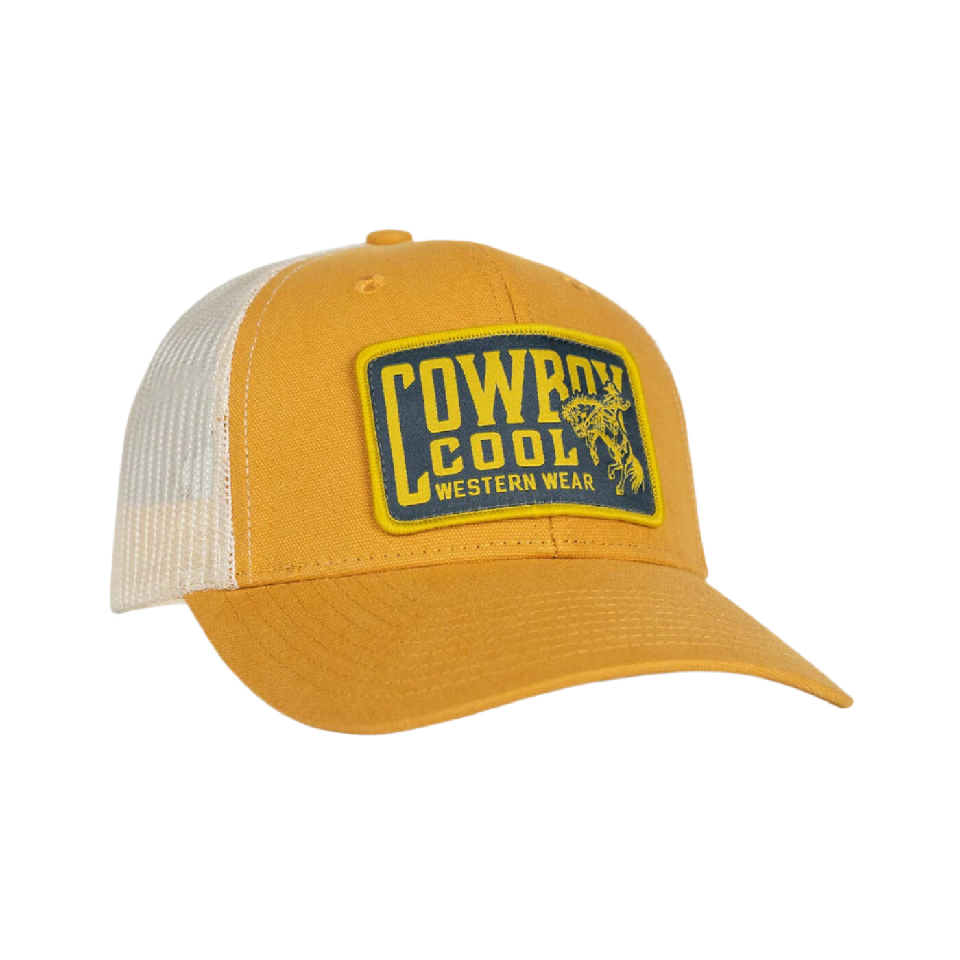 Mustard yellow and white snapback hat with large brown patch reading 'Cowboy Cool' and bronco rider graphic.