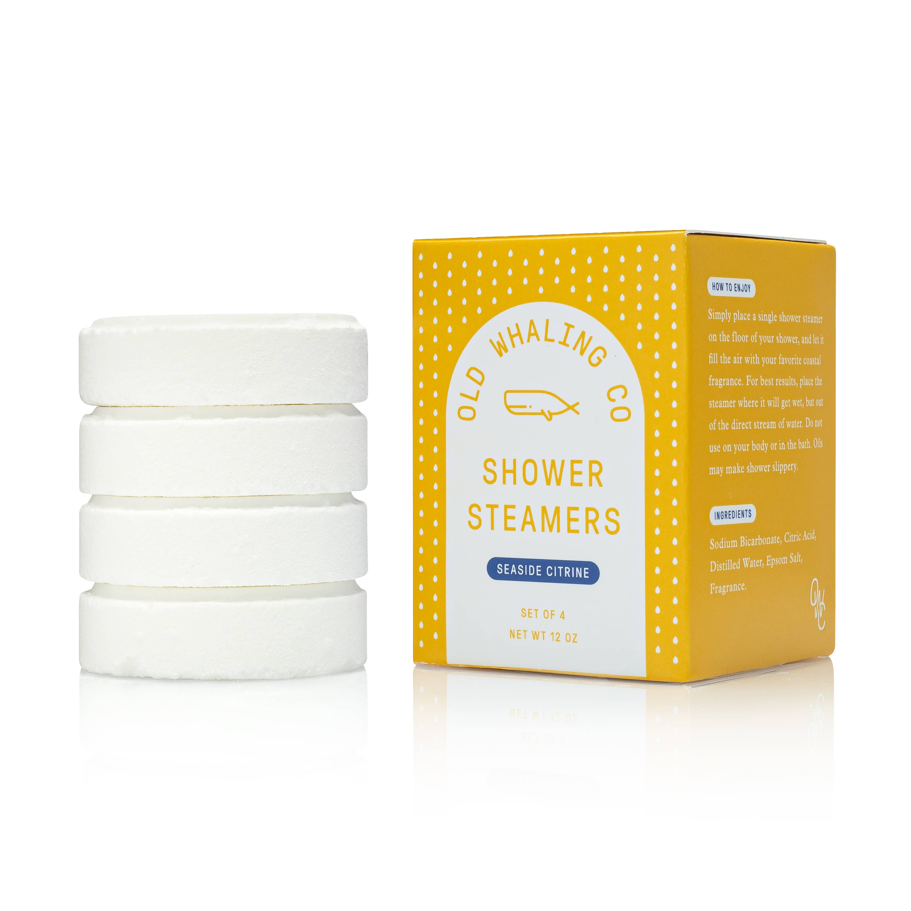 Set of four 3oz steamers, fizz and release spa like aromas into the shower. Scented grapefruit, lemon, sea air and orange.