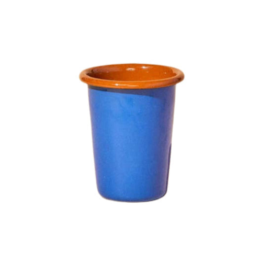 Two toned enamelware tumbler, glossy blue outside and amber on the inside. Sturdy and fun for camping, glamping or outdoor parties.