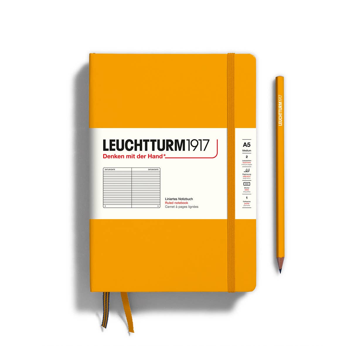 Hardcover 251 page notebook in a vibrant yellow/orange color. Very functional design inside and out.