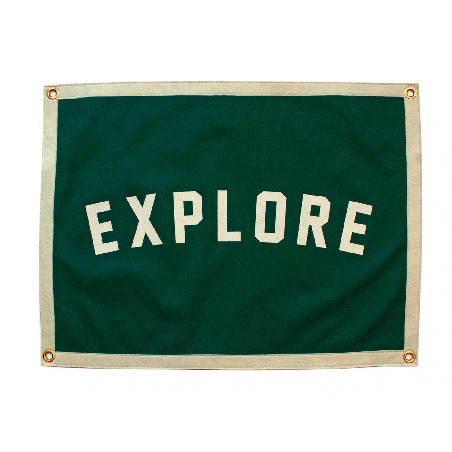 Green felt banner with cream boarder, cream colored letters "Explore" in middle