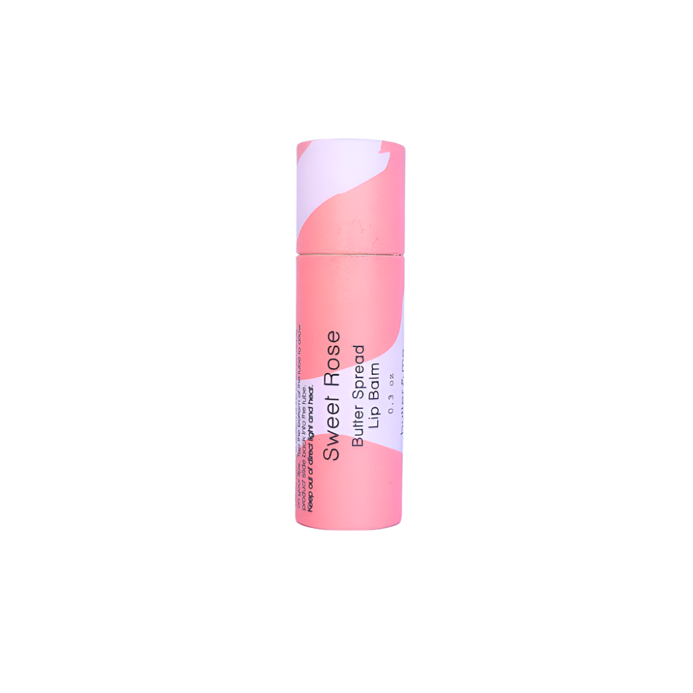 Hydrating rose lip balm in biodegradable tube, infused with natural butters for smooth, nourished lips