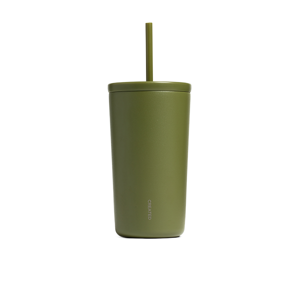 Olive green 16oz Cold Cup with twist lid and reusable straw, BPA-free and no-sweat finish. Keep your drinks cold or hot.