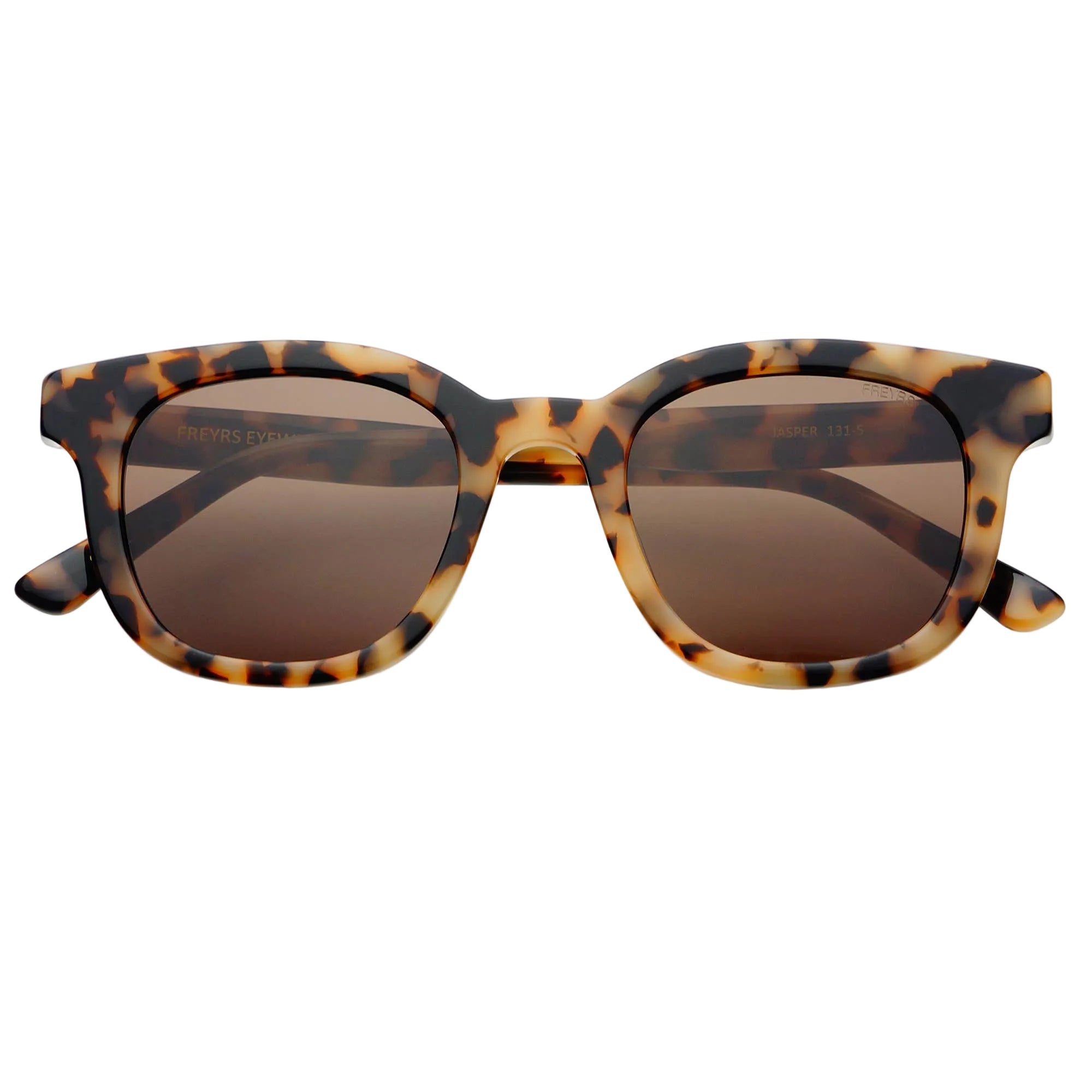 Tortoiseshell sunglasses with brown lenses on a white background