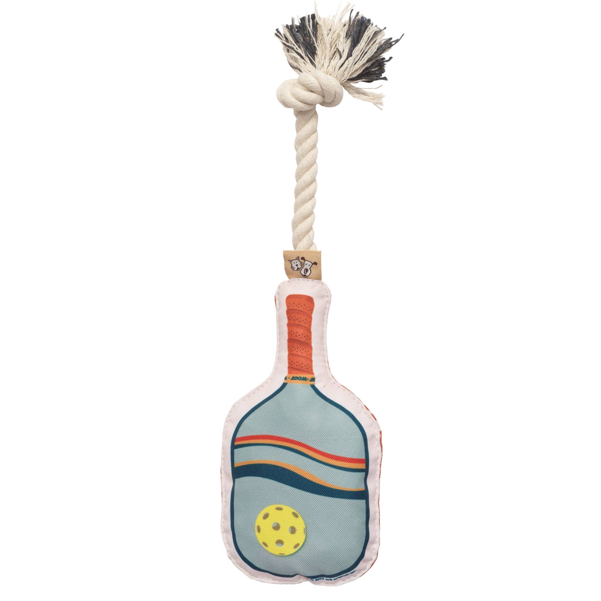 Sturdy rope dog toy with an illustrated pickleball paddle on canvas