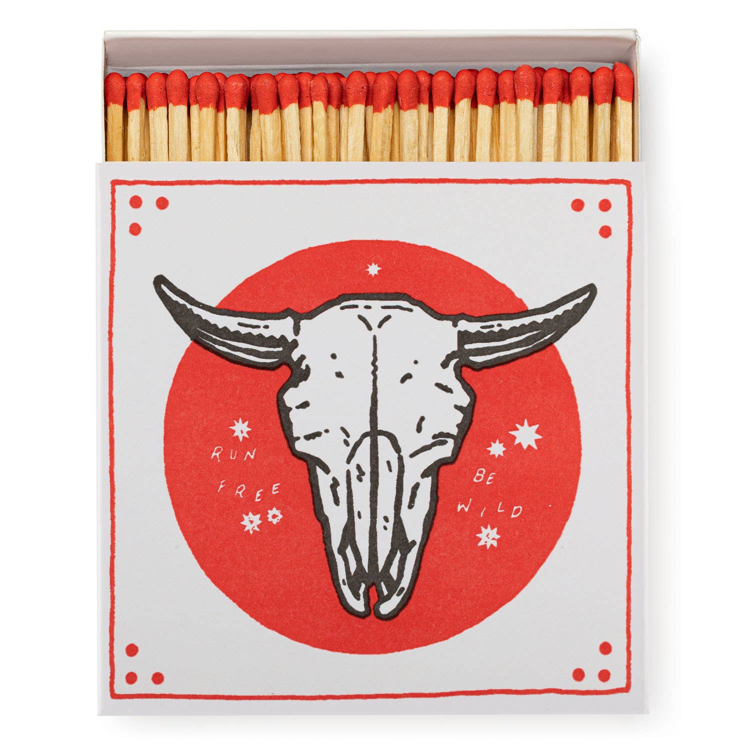 Western-inspired red and black matchbox with bold steer skull design, filled with long safety matches
