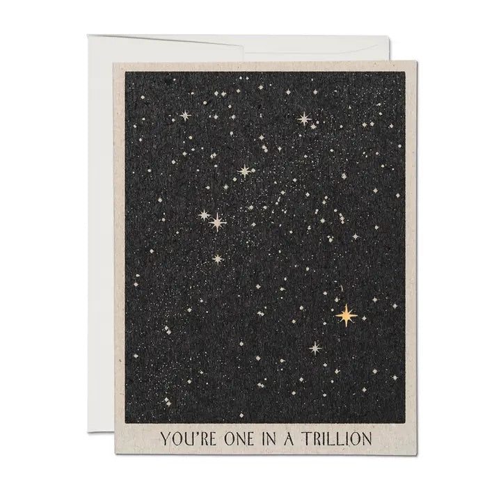 Star and galaxy themed friendship, sibling or partner card, "you're one in a trillion" at the bottom, blank inside
