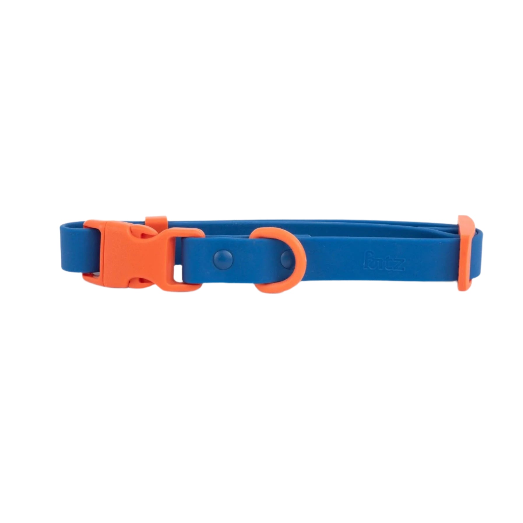 Royal blue waterproof dog collar with orange accents, adjustable fit for medium and large breeds, durable buckle for secure everyday wear