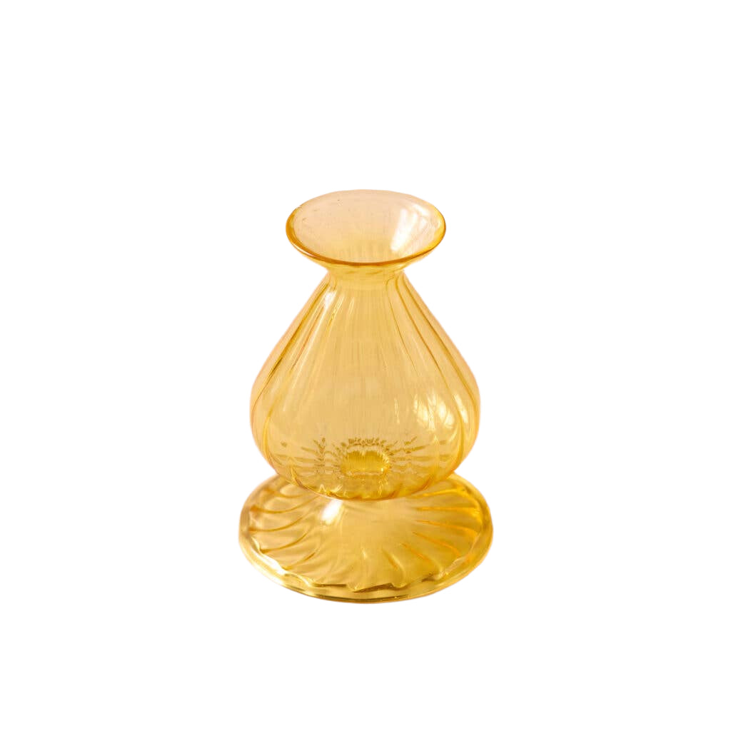 Hand-molded yellow borosilicate glass bud vase with swirl detail, perfect for small flower stems or decorative table accent