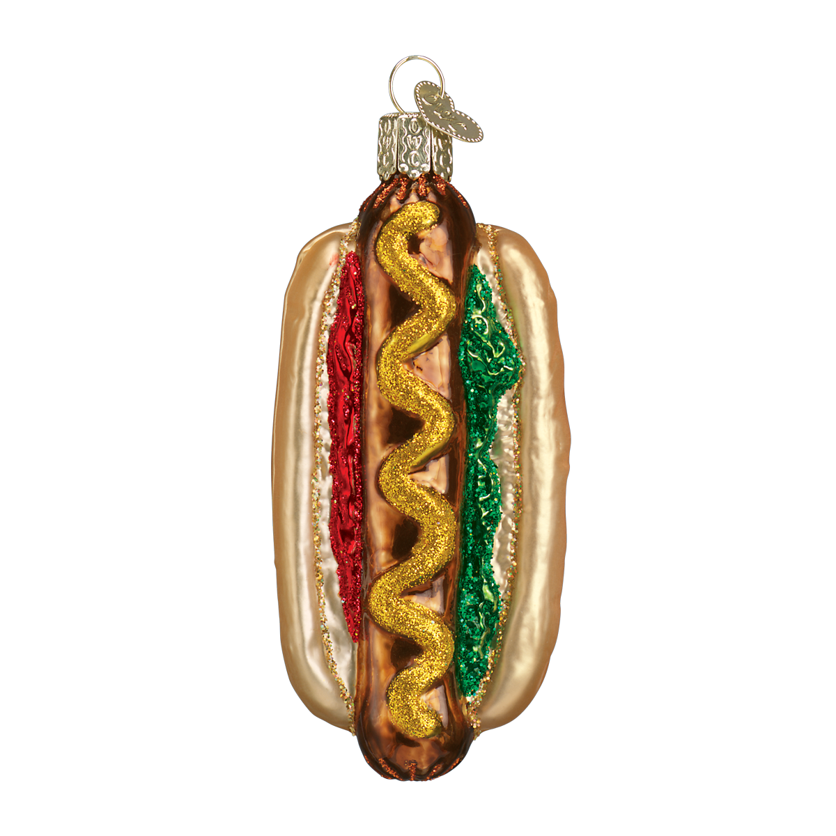 Decorative hot dog ornament with mustard, ketchup, and relish on a white background