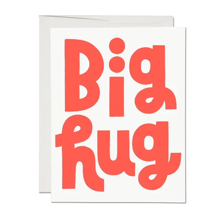 Big, bold and vibrant bright orange letters spell "Big Hug" for encouragement, apologies or celebrations. blank inside