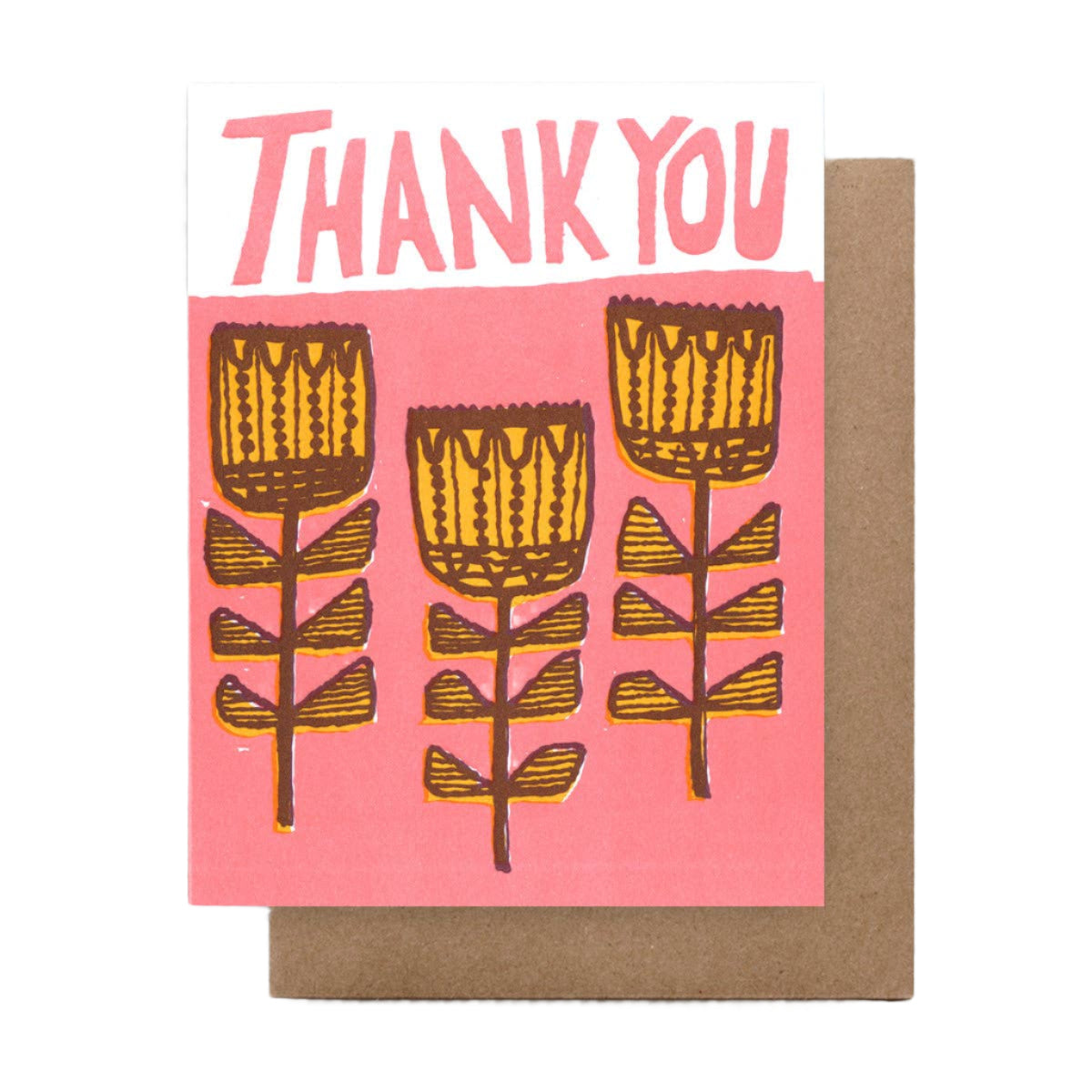 A thank you card with a bright pink background and fun fantastical yellow flowers. Blank inside.