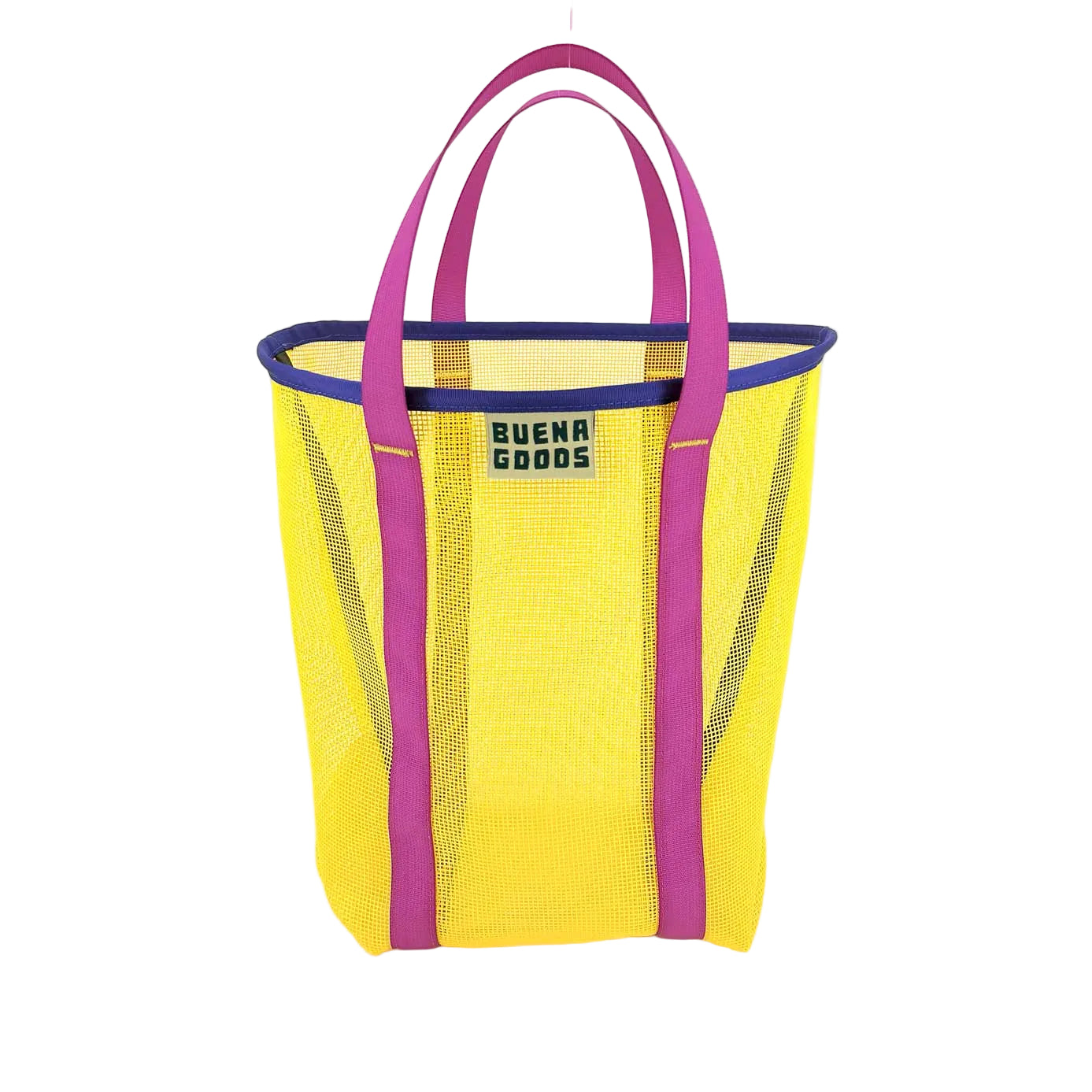 Yellow mesh tote bag with pink handles and trim on a white background