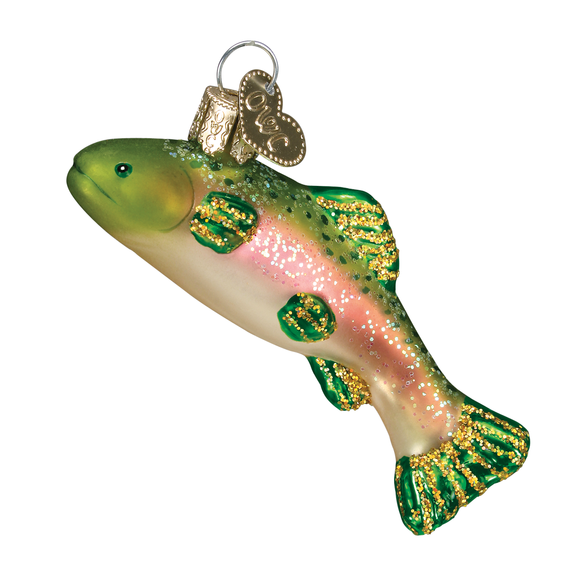 A glass rainbow trout Christmas ornament with glittery green and gold detailing, a pink stripe, and a silver hanging loop on a plain white background.