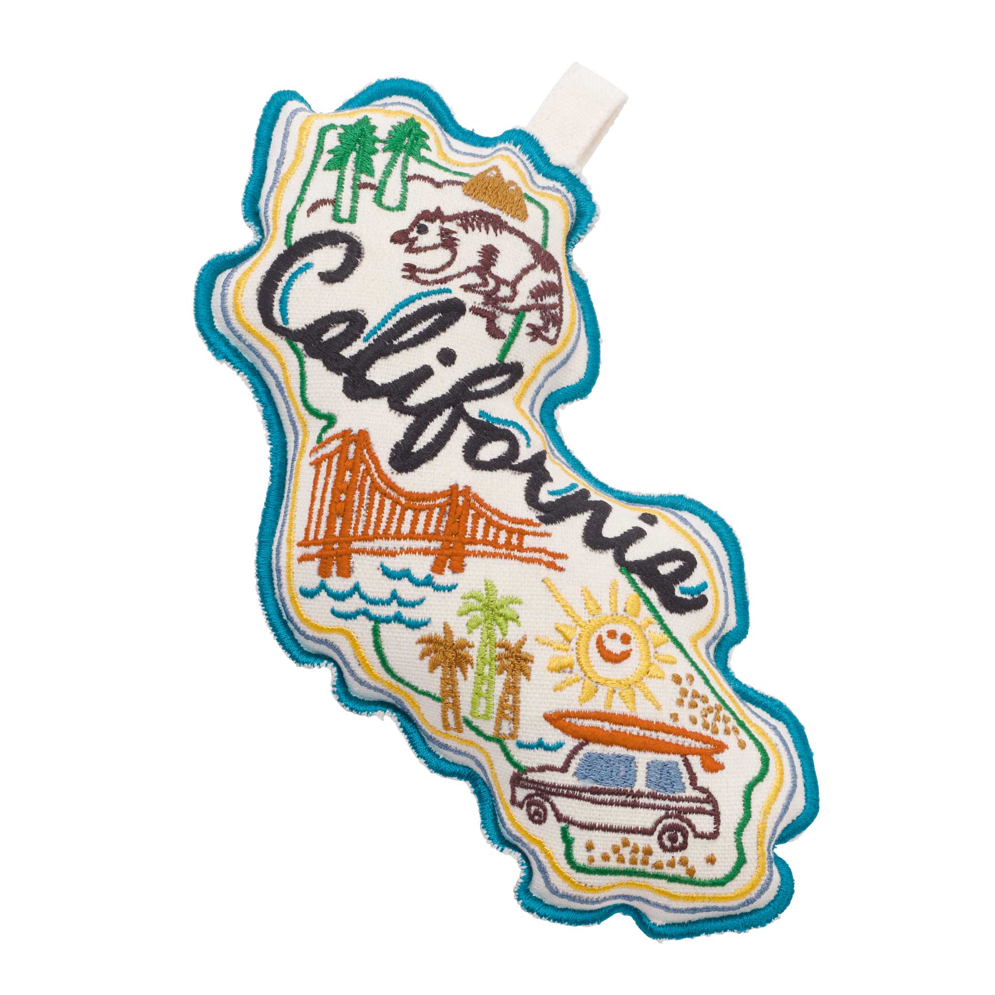 Sturdy rope dog toy with the state of California with "wish you were here" illustrated on canvas