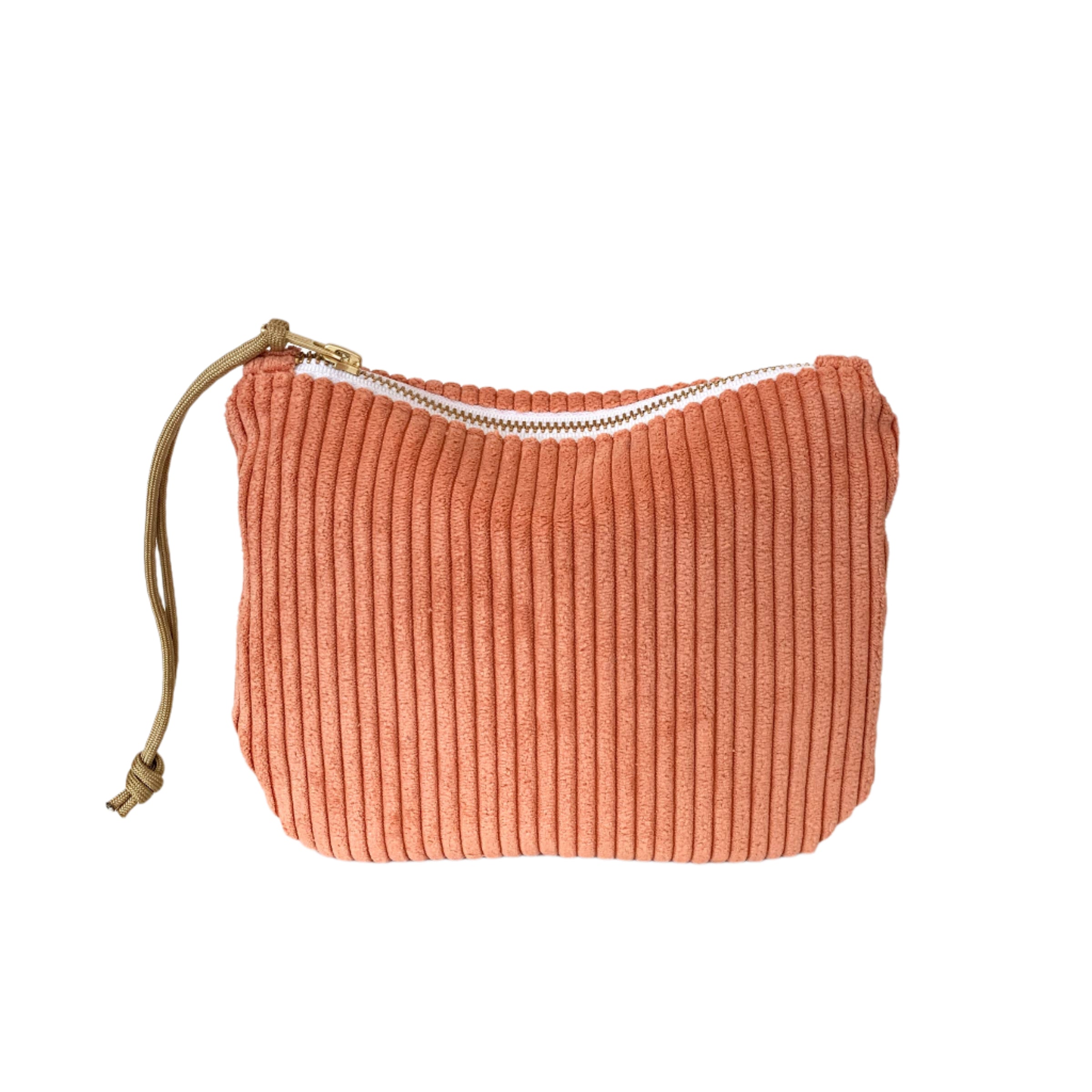 Salmon pink corduroy clutch with zipper closure, soft textured bag ideal for evening outings or casual carry.