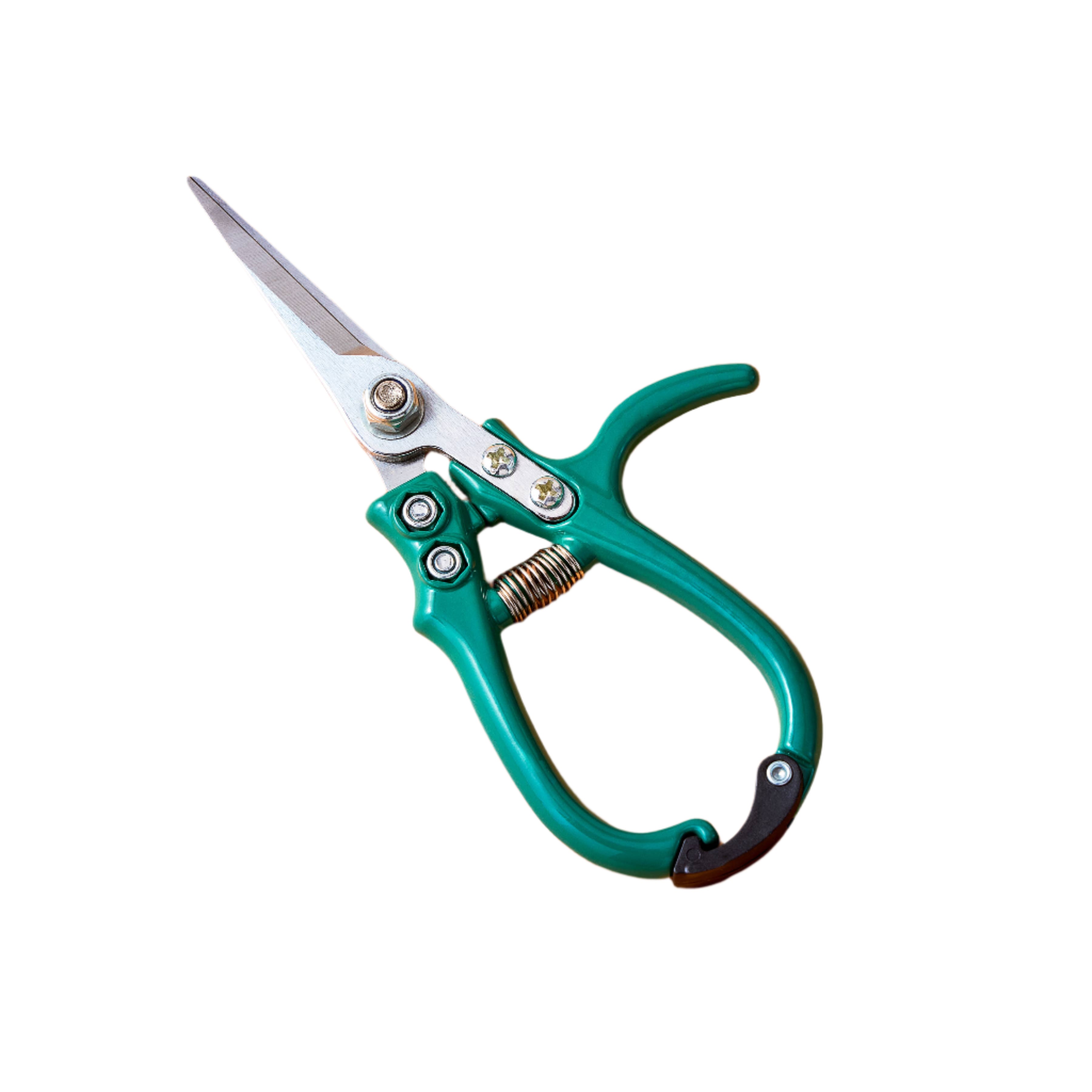 Ocean blue garden pruning shears with easy hold handle, high-carbon steel blades, needle-nose tip, with a holster included.