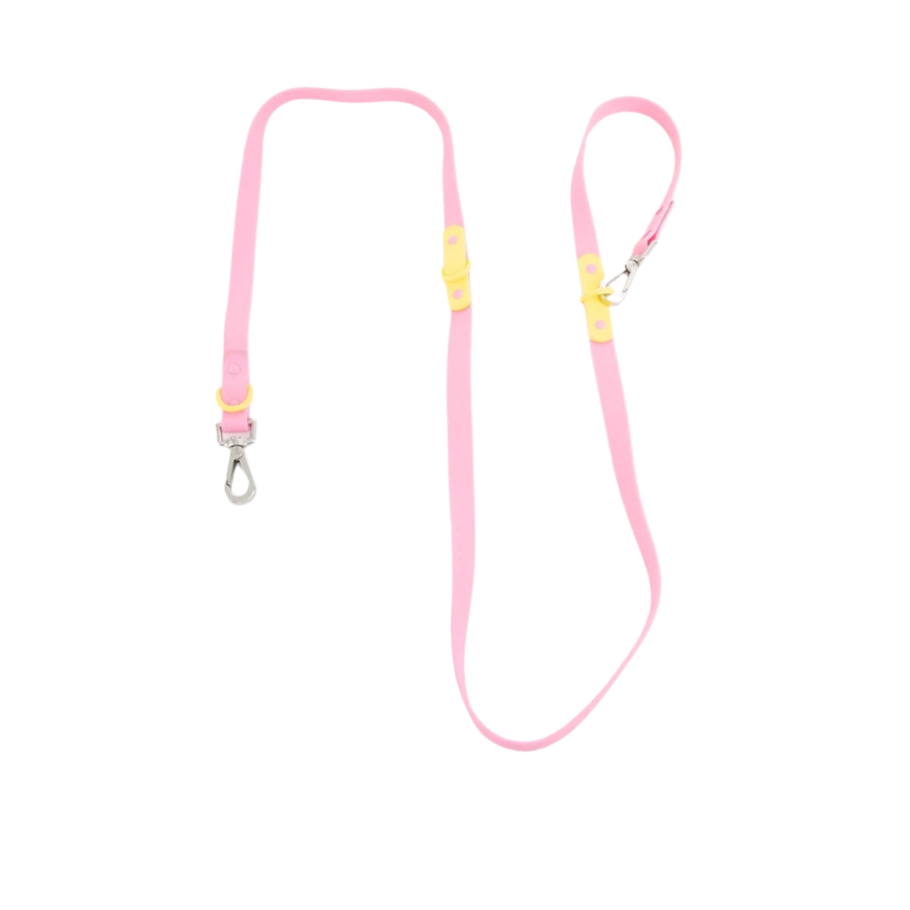 Two-tone waterproof dog leash in pink with yellow accents, adjustable and durable for hands-free walks.