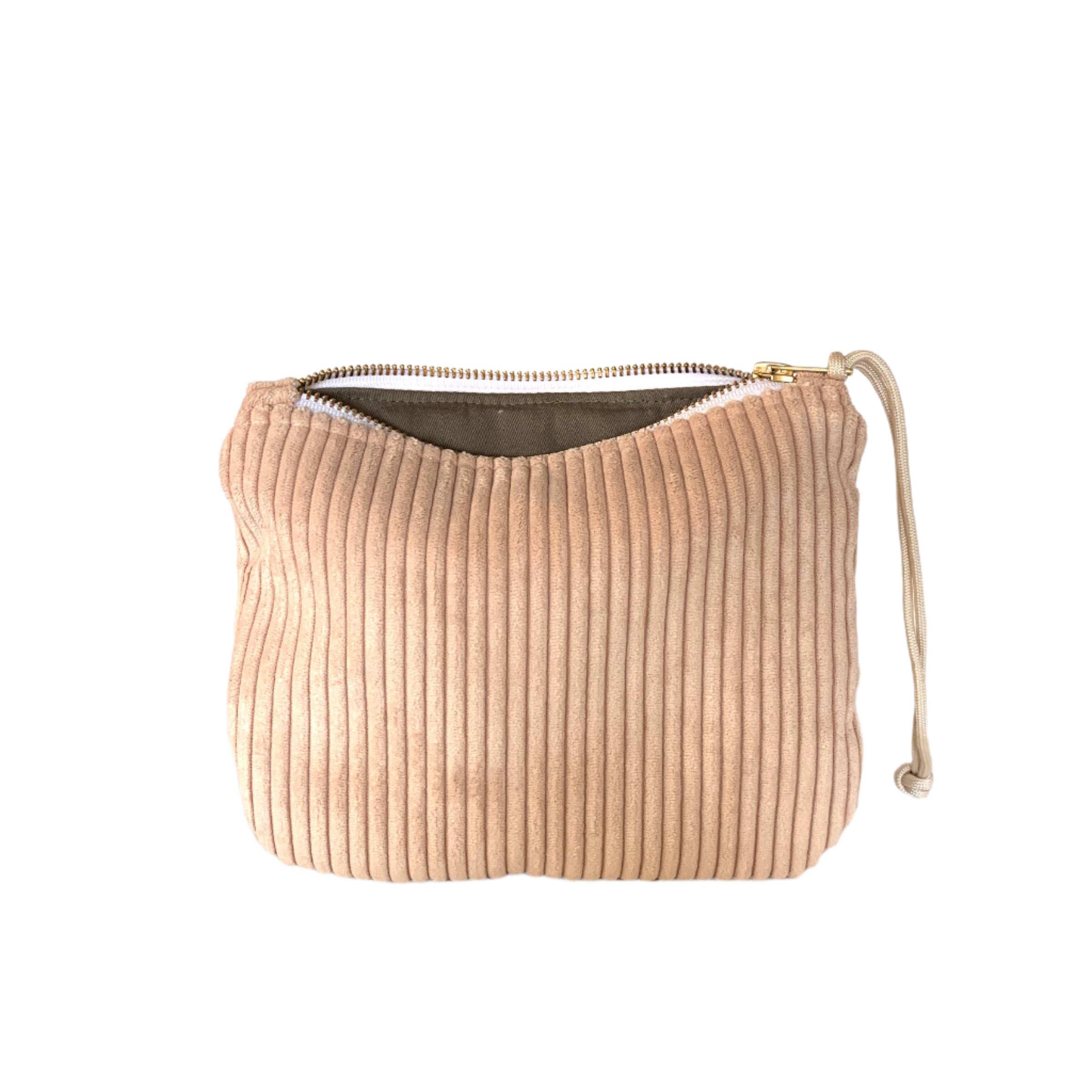 Corduroy clutch in powder blue with zipper closure, soft textured pouch for travel essentials or everyday carry.