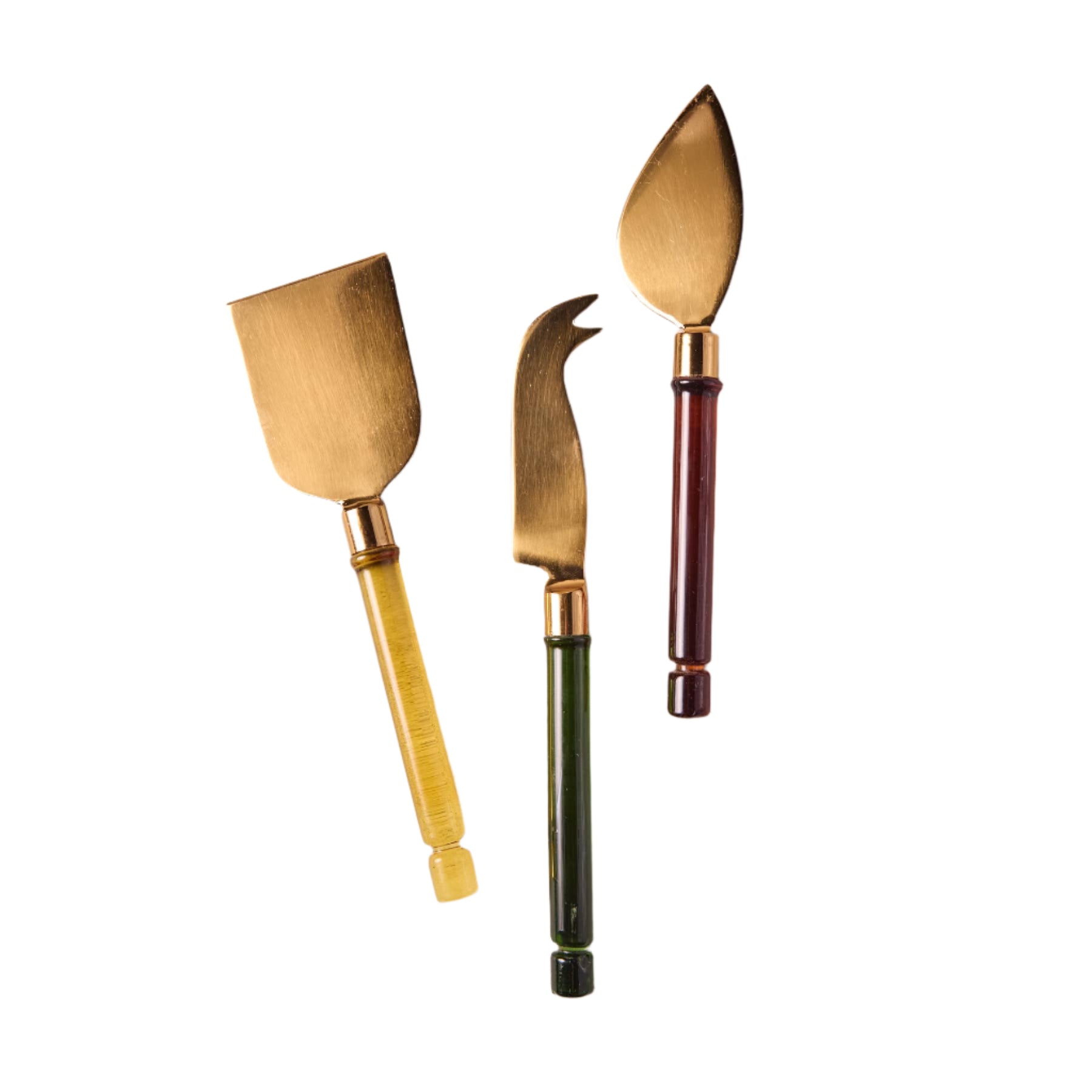 Set of 3 borosilicate glass cheese tools with jewel-toned accents, slicer, fork + spreader for stylish entertaining.